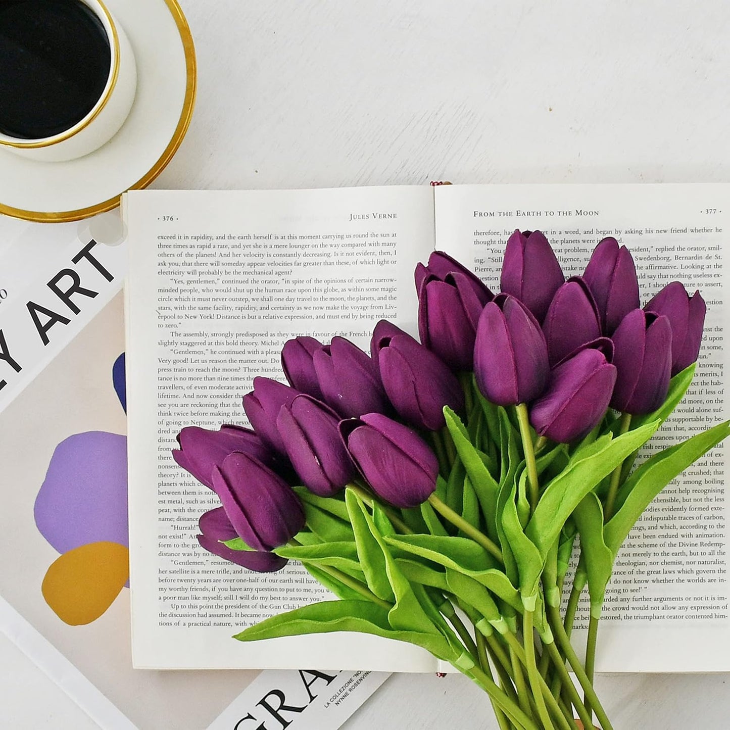 ARTSY® Artificial Tulip Flowers Bunch – Set of 5 Faux Flower Stems | Ideal for Living Room, Centerpiece, Gifting, craft, Real Touch Flower Bunch for Vase Decor, Home Styling, Events, Purple