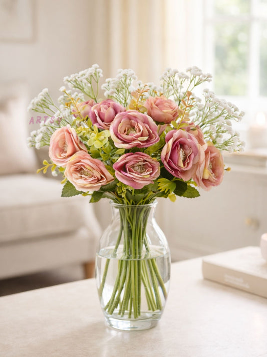 ARTSY Artificial Rose Flower Bunch with Baby Breath Flowers (Pack of 3) | Realistic Faux Floral Bouquet for Home, Office & Wedding Décor