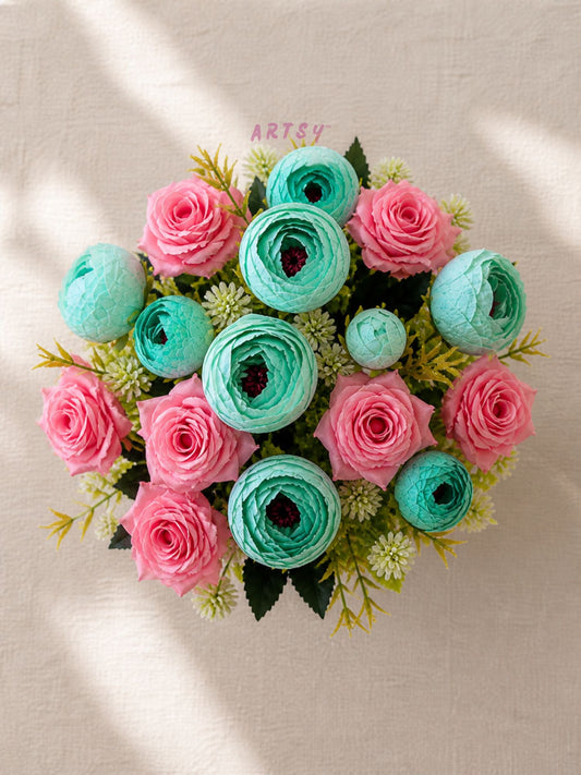 ARTSY Artificial Rose & Peony Flower Bunch Combo Pack of 2 | Realistic Faux Flowers for Home Decoration