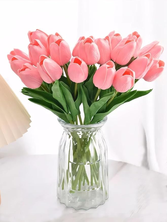 ARTSY® Artificial Tulip Flowers Bunch – Set of 5 Faux Flower Stems | Ideal for Living Room, Centerpiece, Gifting, craft, Real Touch Flower Bunch for Vase Decor, Home Styling, Events, Pink