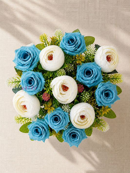 ARTSY Artificial Blue Rose & White Peony Flower Bunch Combo | Pack of 2 Fake Flowers for Home Decoration, Living Room, Office, Wedding & Table Decor