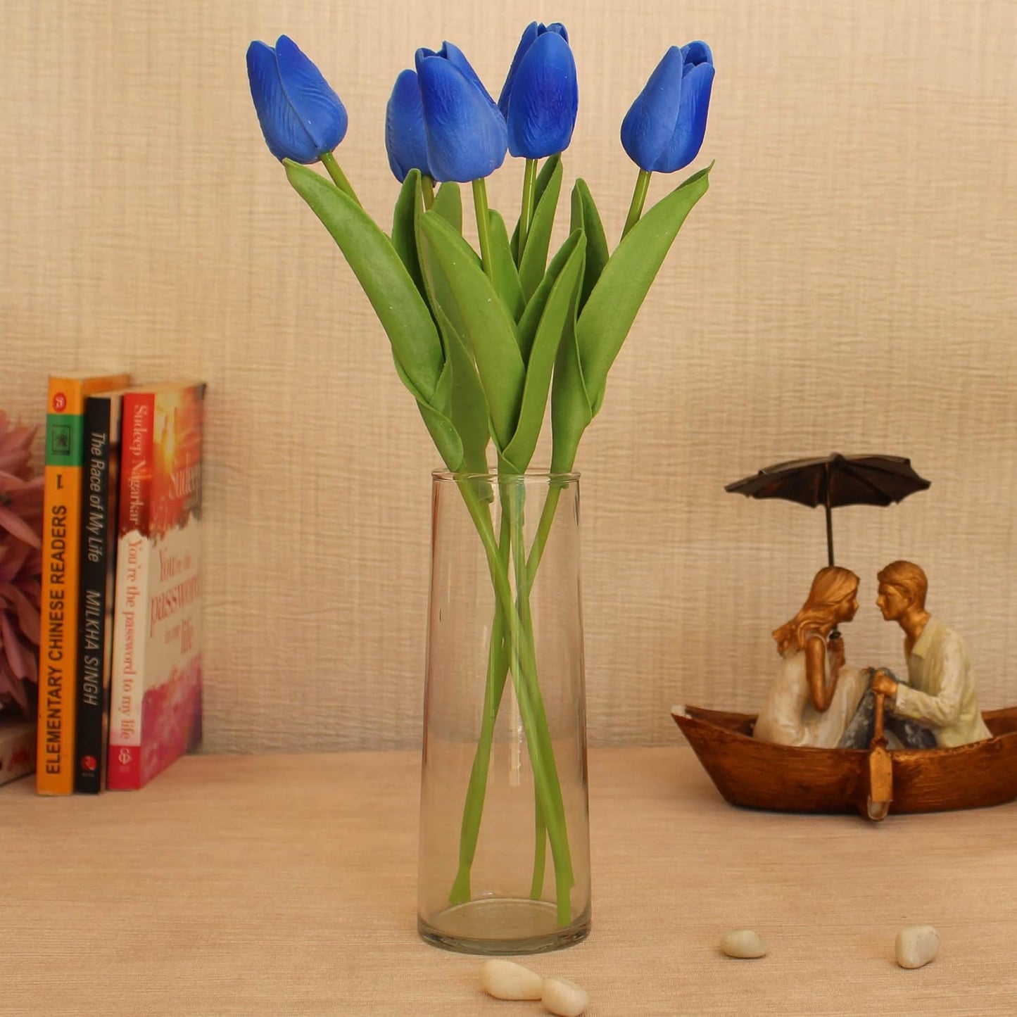 ARTSY® Artificial Tulip Flowers Bunch – Set of 5 Faux Flower Stems | Ideal for Living Room, Centerpiece, Gifting, craft, Real Touch Flower Bunch for Vase Decor, Home Styling, Events, Blue