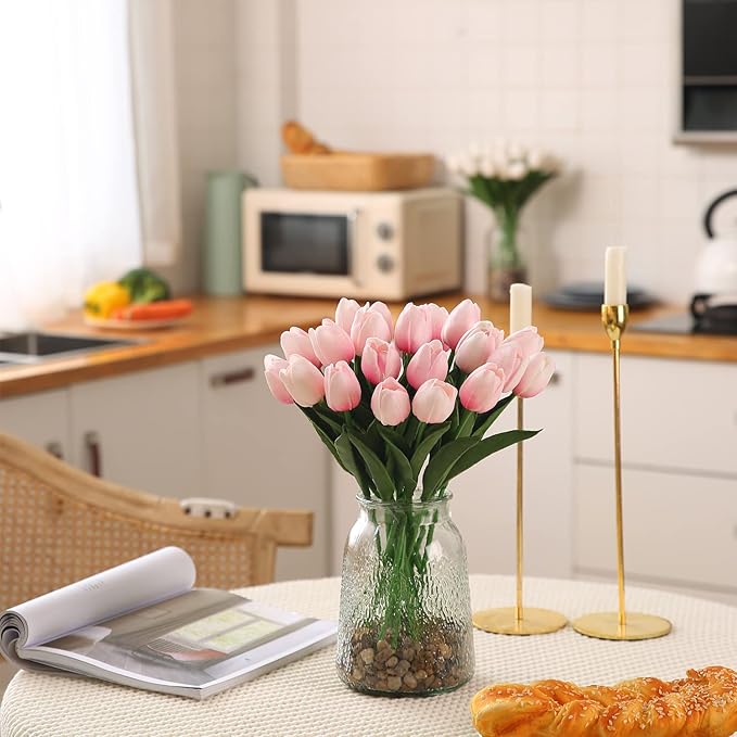ARTSY® Artificial Tulip Flowers Bunch – Set of 5 Faux Flower Stems | Ideal for Living Room, Centerpiece, Gifting, craft, Real Touch Flower Bunch for Vase Decor, Home Styling, Events, Babypink