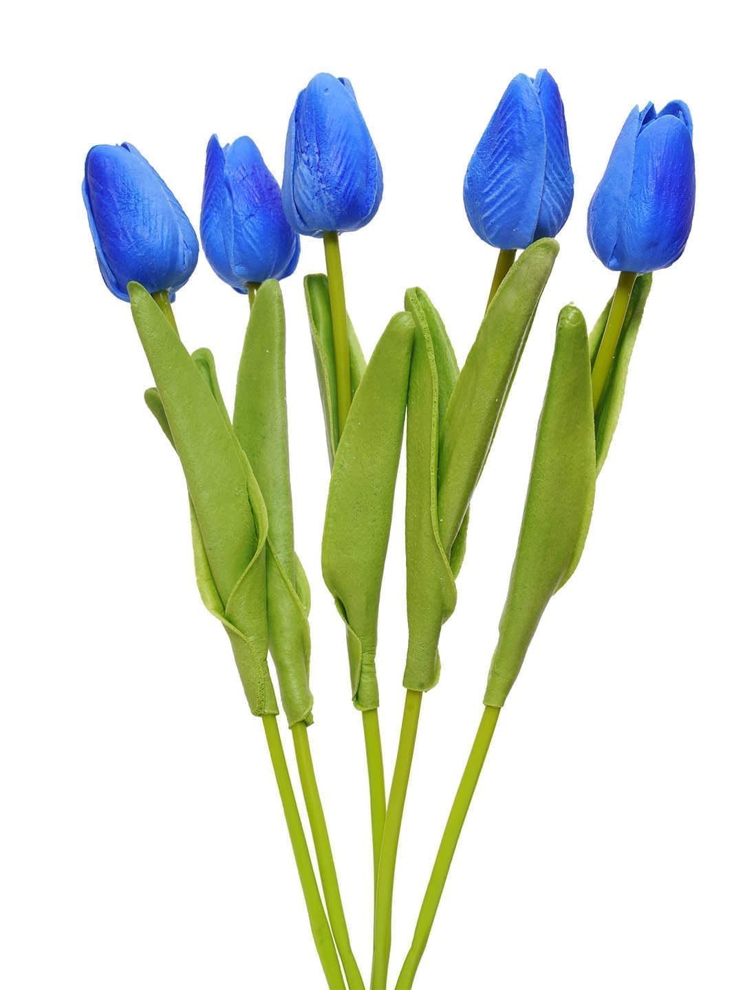 ARTSY® Artificial Tulip Flowers Bunch – Set of 5 Faux Flower Stems | Ideal for Living Room, Centerpiece, Gifting, craft, Real Touch Flower Bunch for Vase Decor, Home Styling, Events, Blue