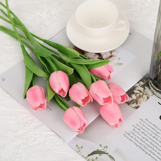 ARTSY® Artificial Tulip Flowers Bunch – Set of 5 Faux Flower Stems | Ideal for Living Room, Centerpiece, Gifting, craft, Real Touch Flower Bunch for Vase Decor, Home Styling, Events, Pink
