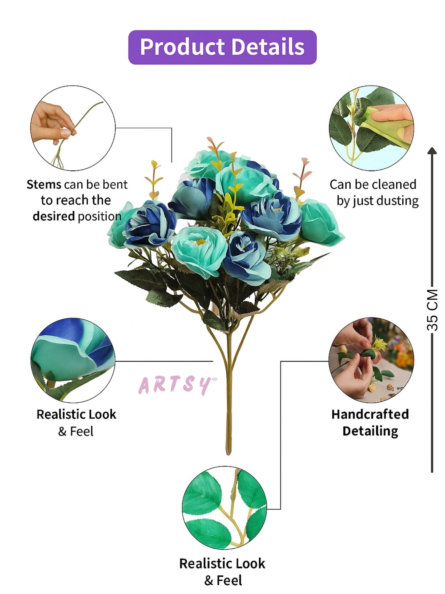 Elegant Artificial Rose Flower Bunch – Pack of 1, Blue