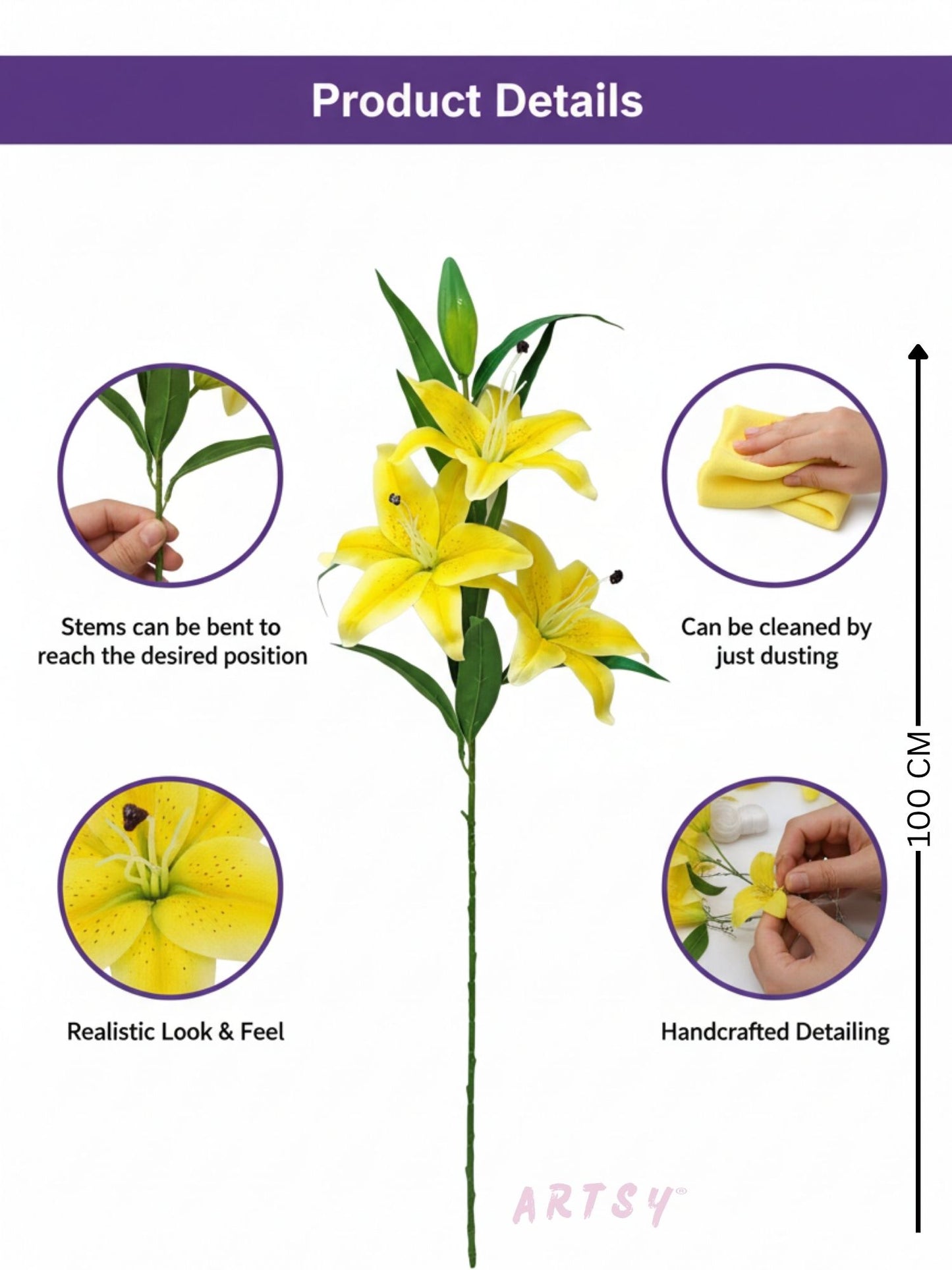ARTSY Realistic Yellow Lily Flower Stem for Vase Arrangements & Décor