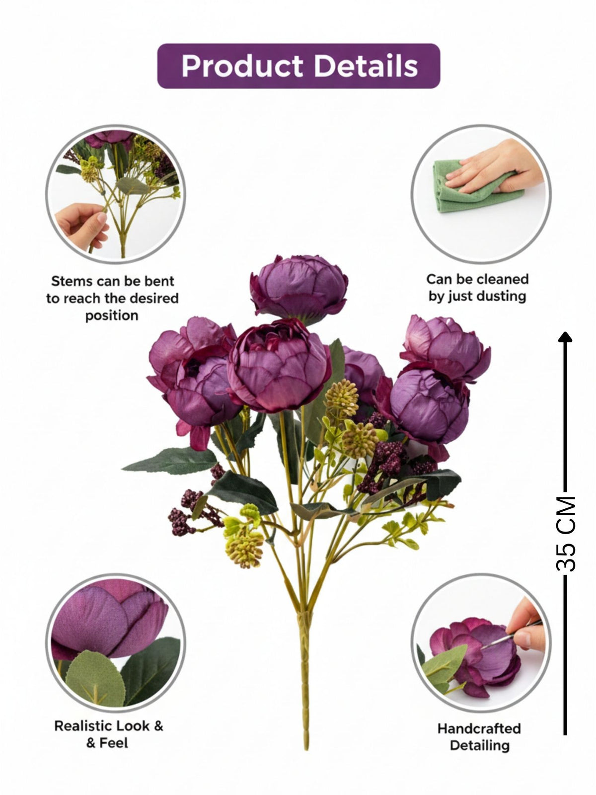 ARTSY Artificial Purple Peony Flower Bunch with Greenery, 35 cm Faux Floral Arrangement for Home Decor