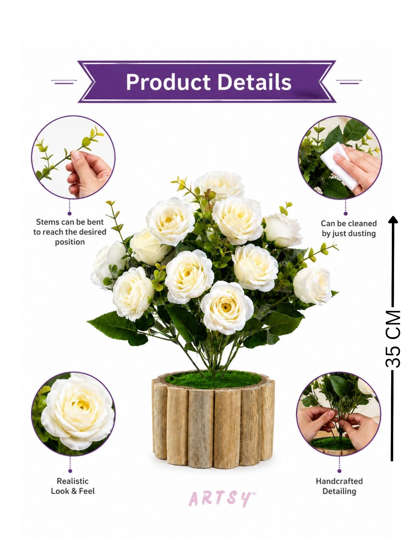 Elegant White Rose Artificial Flower Arrangement with Rustic Wooden Planter, Pack of 1
