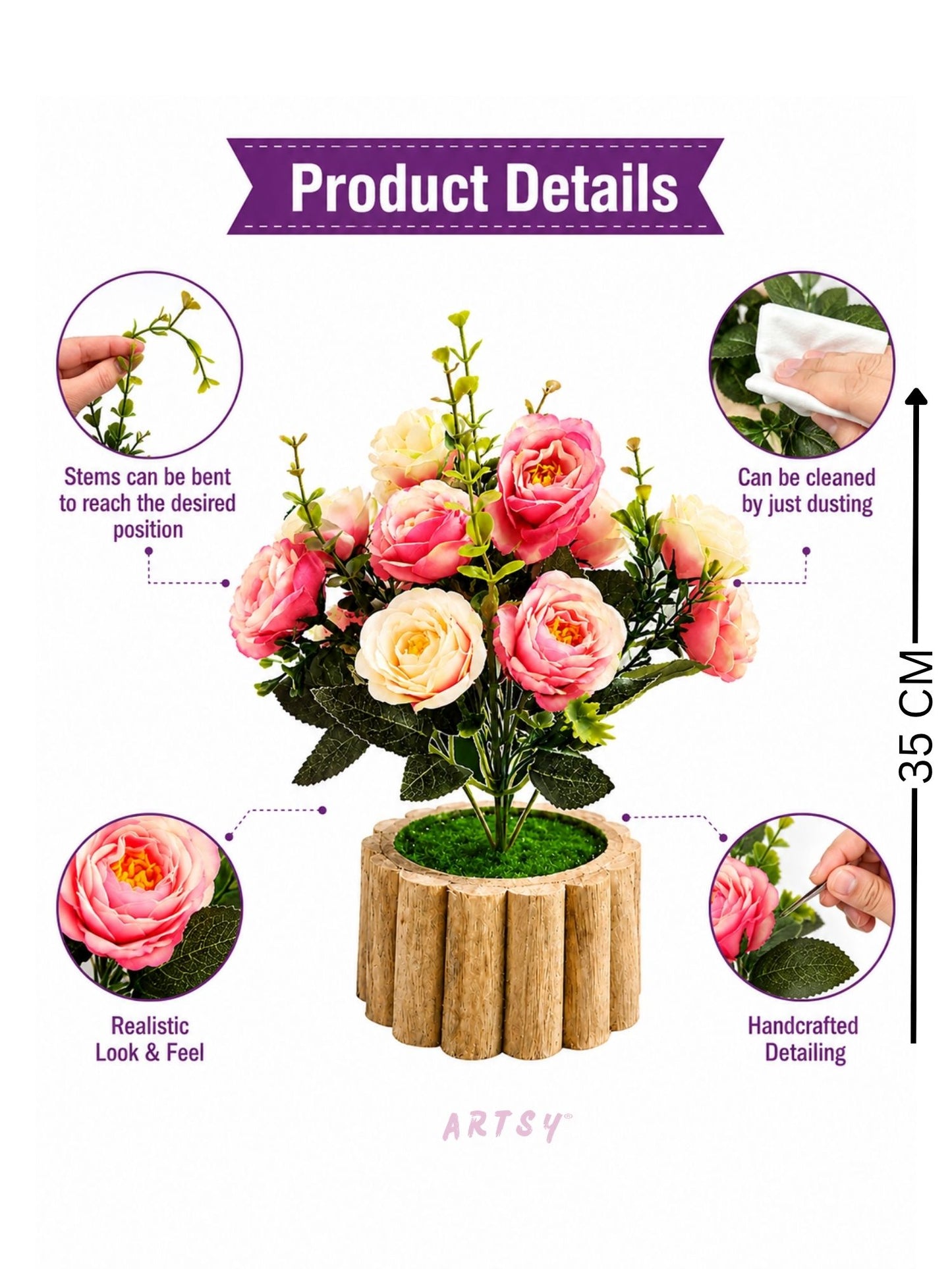 Luxury Artificial Rose Flower Arrangement with Rustic Wooden Pot for Home Decor, Pack of 1