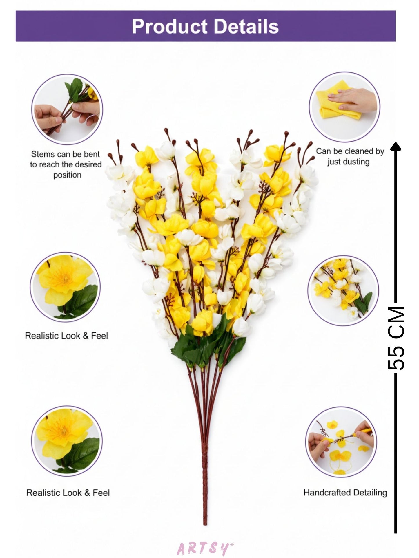 Artificial Cherry Blossom Flower Bunch (White & Yellow) – Elegant Decorative Floral Bunch