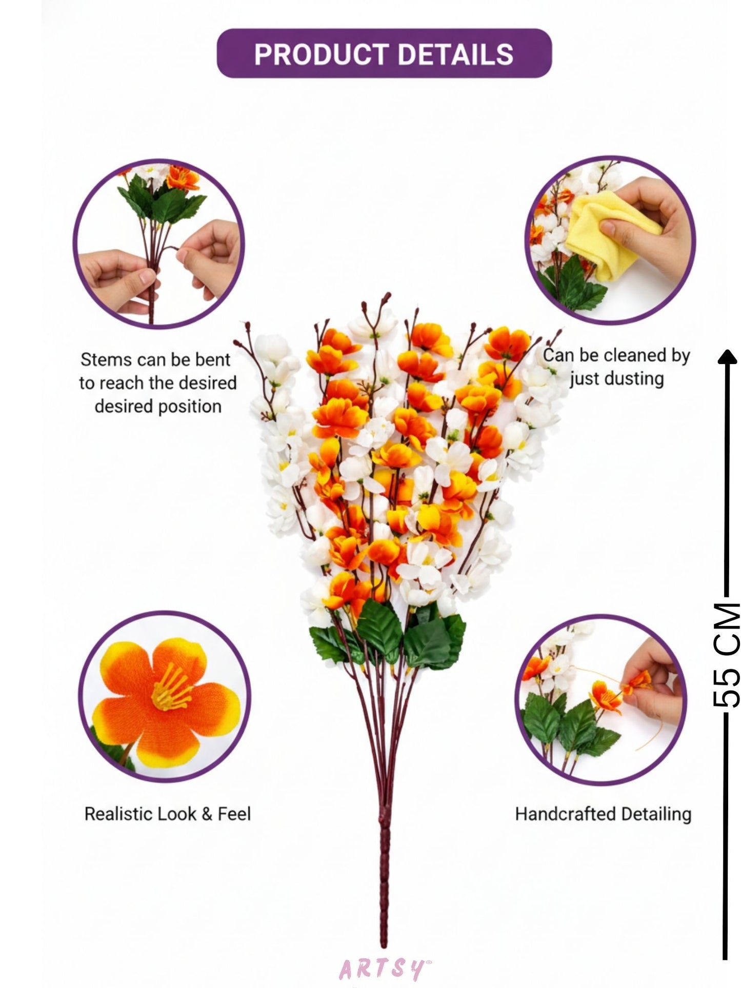 ArtsyDecor Premium Orange & White Artificial Blossom Stem for Home Décor | Realistic Flexible Floral Branch (55 CM, Pack of 1)