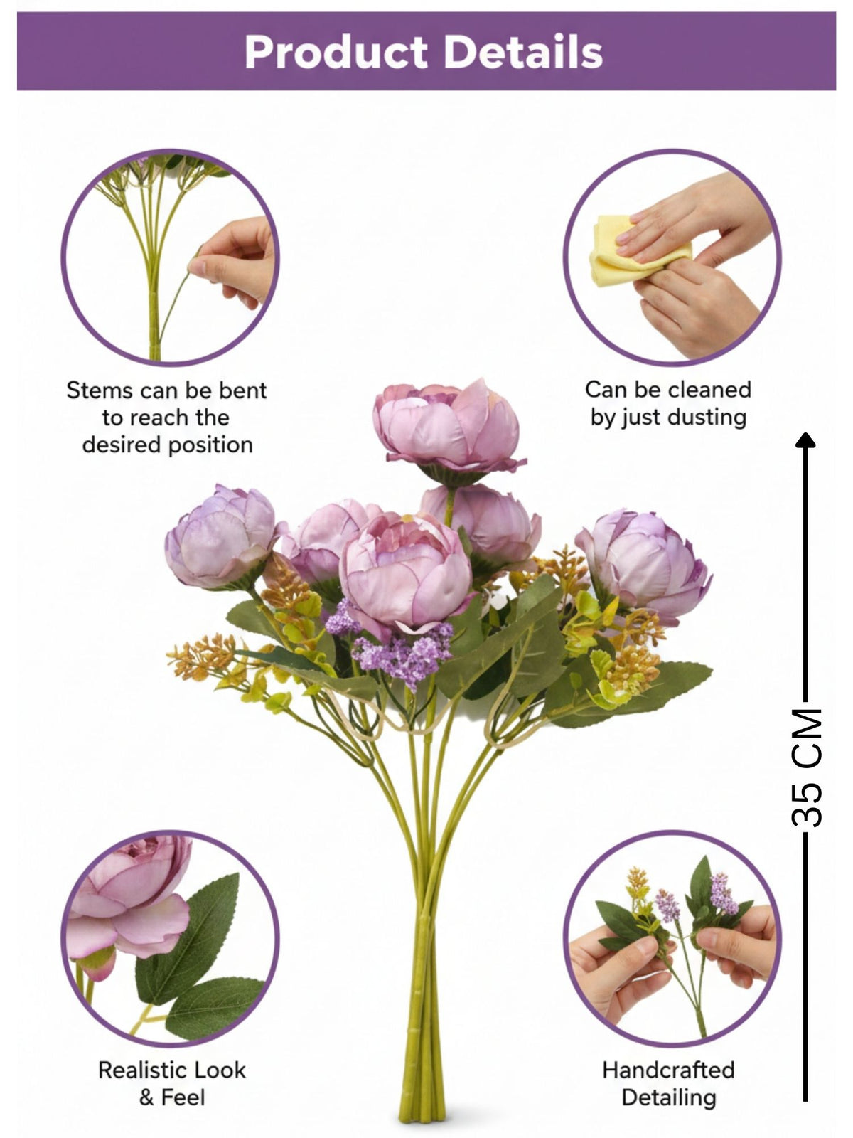 ARTSY Artificial Pink Peony Flower Bunch with Greenery, Faux Flowers for Home & Table Decor