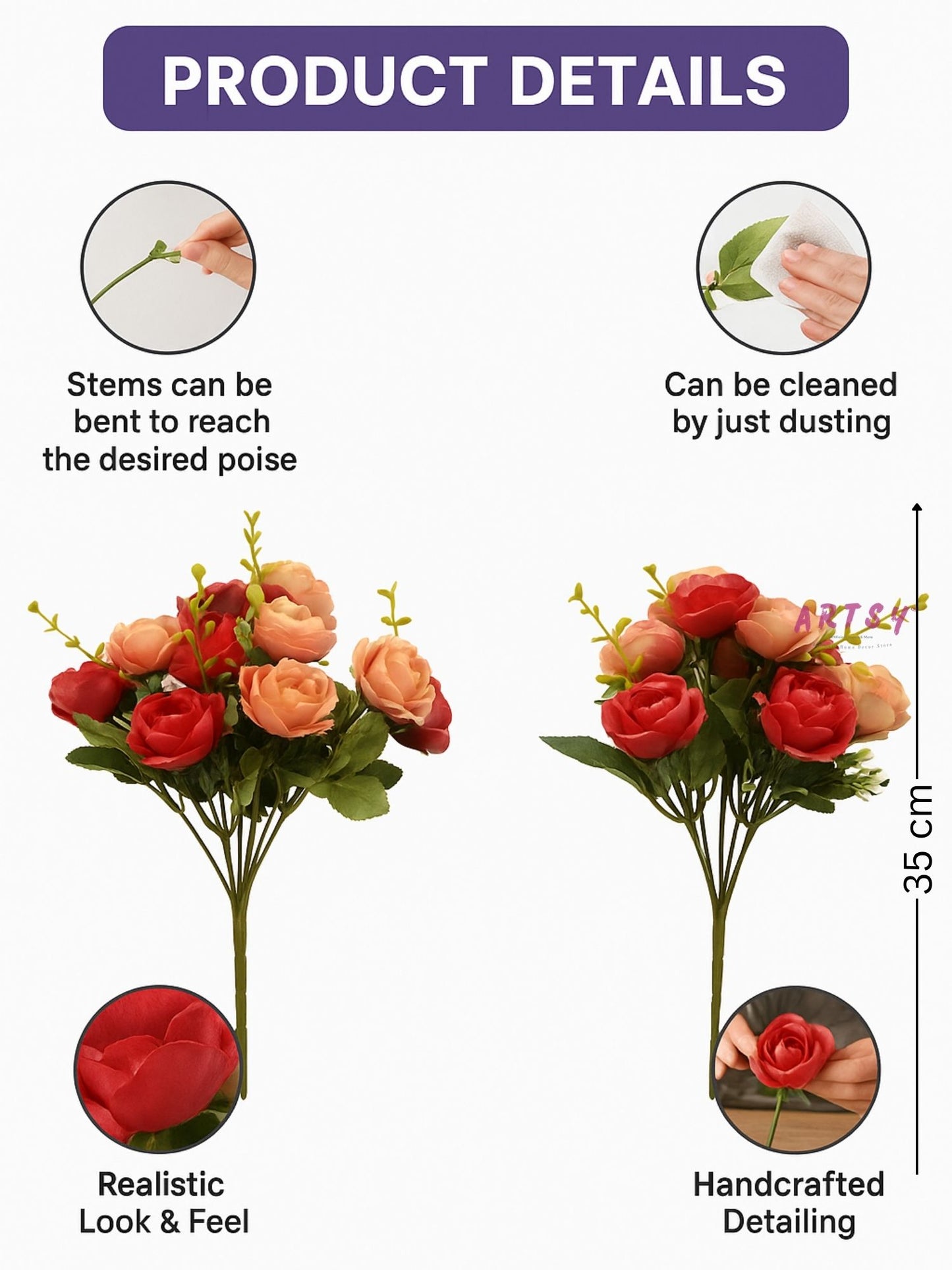 Artificial Rose Flower Bunch (Pack of 2) – Silk Faux Roses for Home, Wedding & Table Décor, Maroon