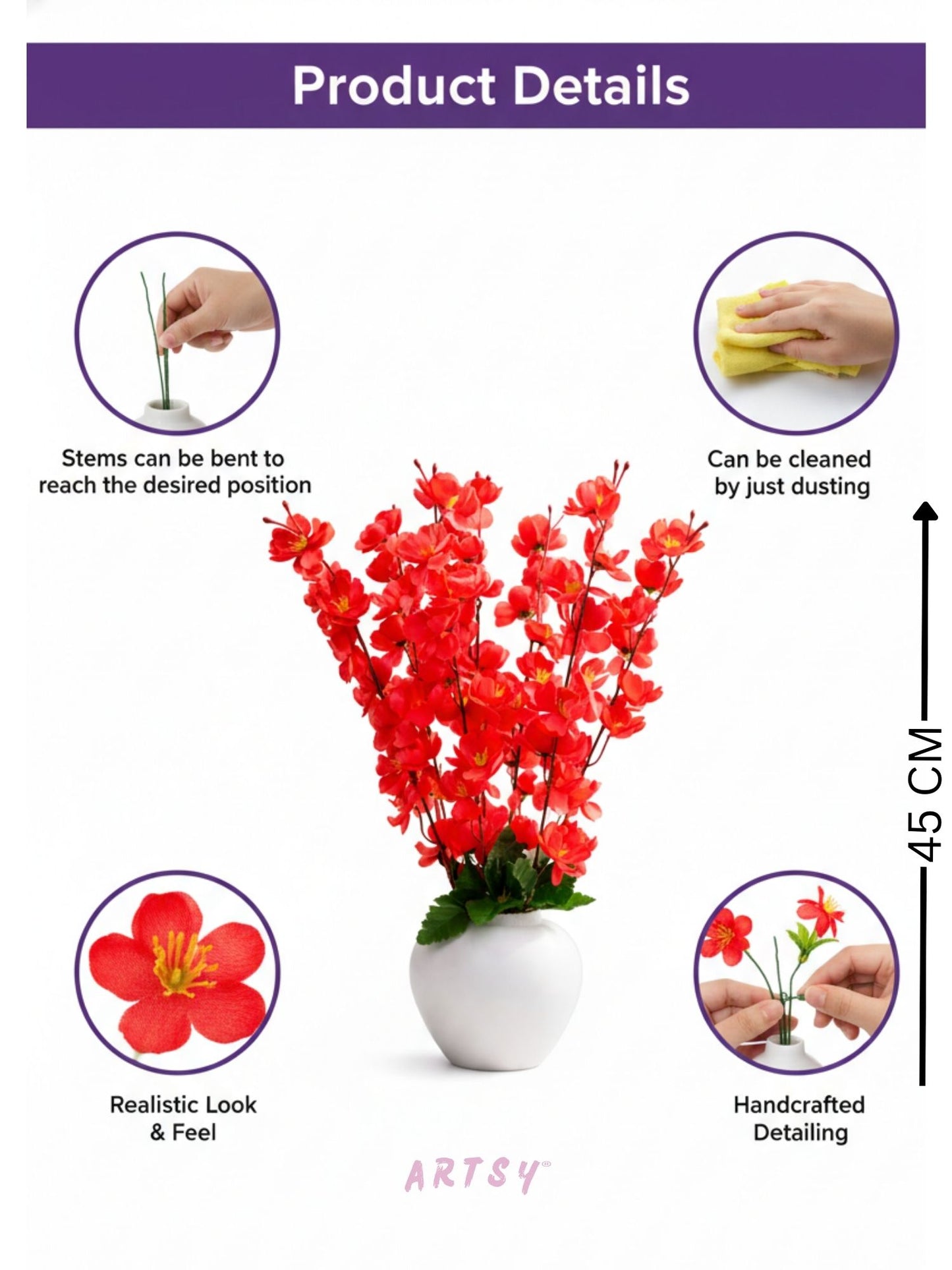 Artificial Red Blossom Flower Pot for Home Decor | Premium Decorative Floral Arrangement with White Pot