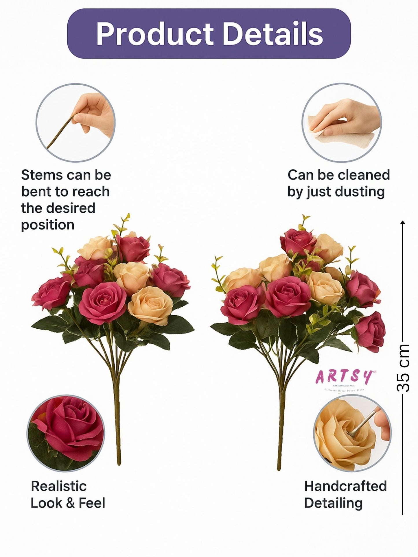 Artificial Rose Flower Bunch (Pack of 2) – Silk Faux Roses for Home, Wedding & Table Décor, Multi