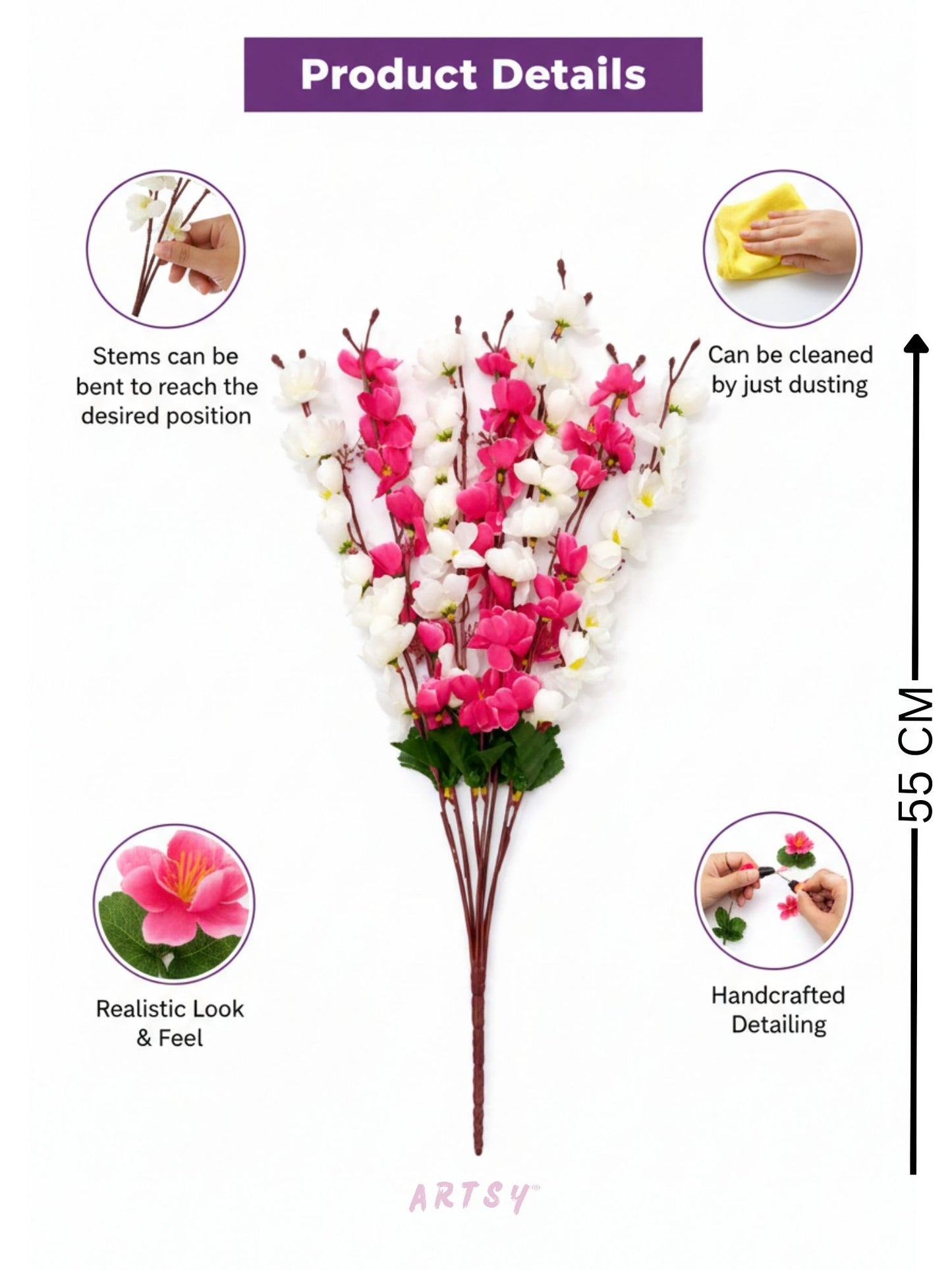 Elegant Sakura Blossom Artificial Flower Stem for Home & Table Decor | Premium Pink & White Floral Branch | 55 CM