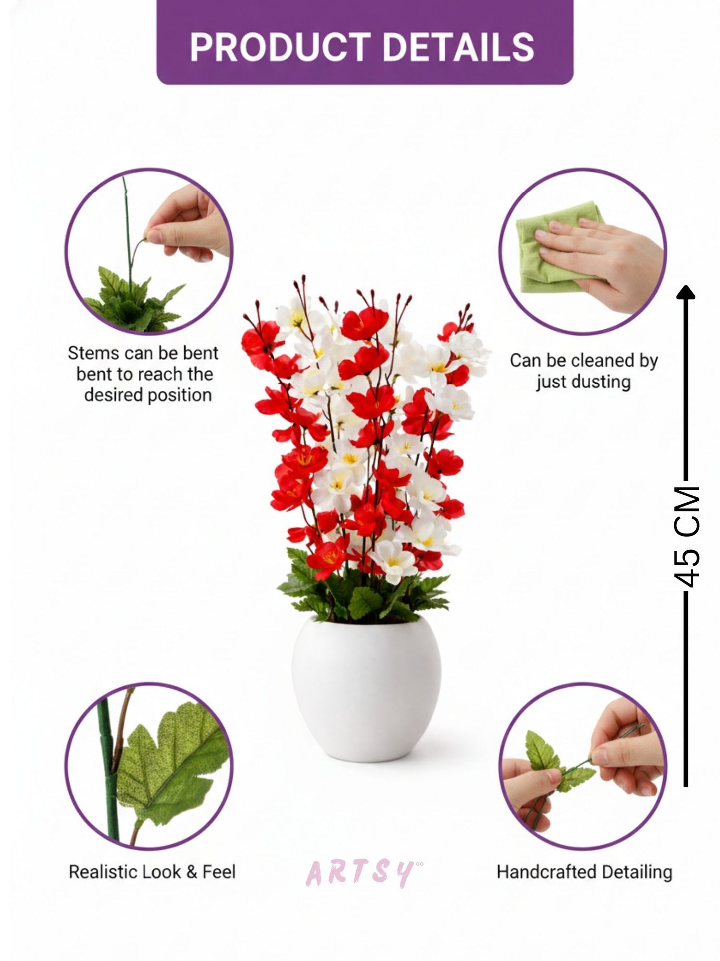 Elegant Red & White Artificial Blossom Flower Pot for Home Decor, Pack of 1