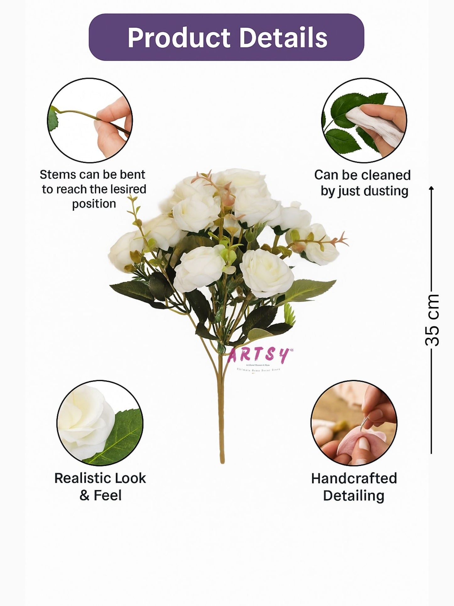 Real Touch White Rose Flower Bunch, Pack of 1 Piece