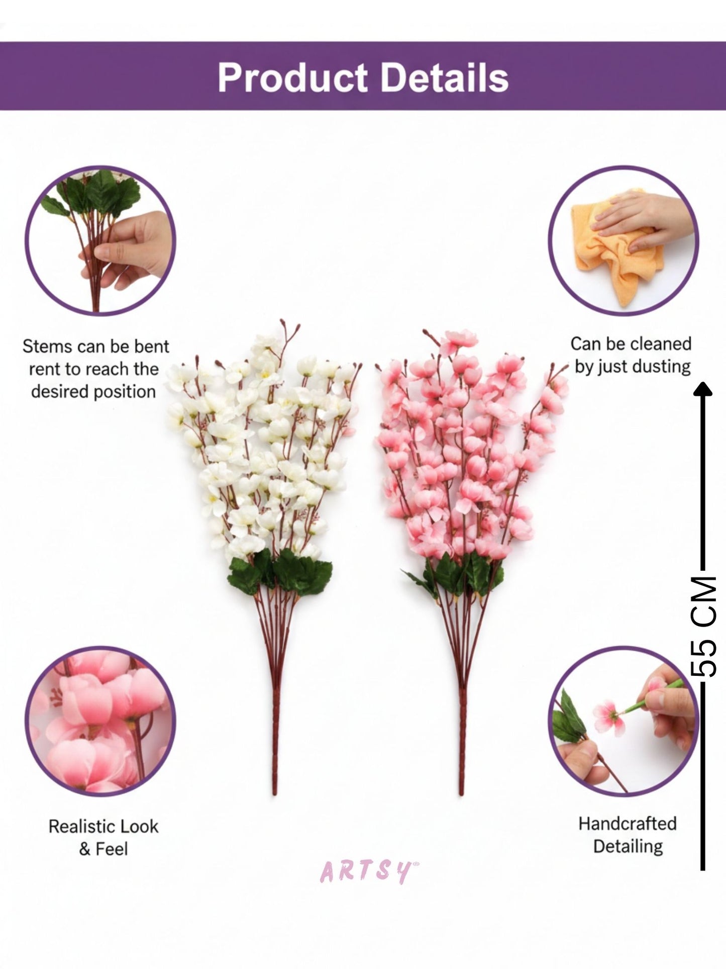 Premium Pink & White Artificial Flower Bunch for Home & Table Decoration, Pack of 2 Pieces