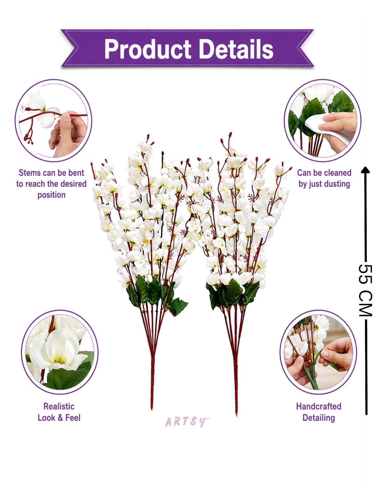 Artificial White Blossom Flower Stems for Home Decor | Luxury Faux Floral Arrangement, Pack of 2 Pieces