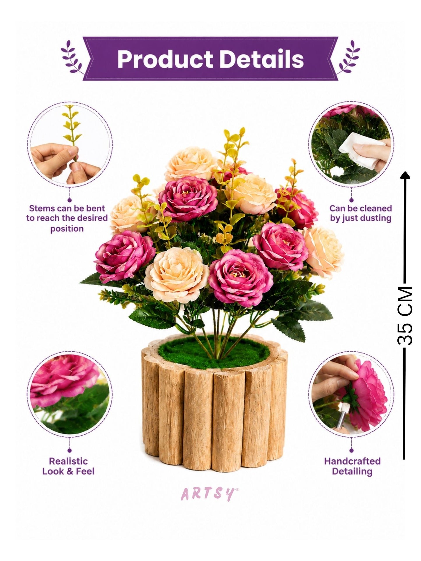 Elegant Artificial Rose Bouquet in Rustic Wooden Pot – Luxury Floral Home Décor, Pack of 1