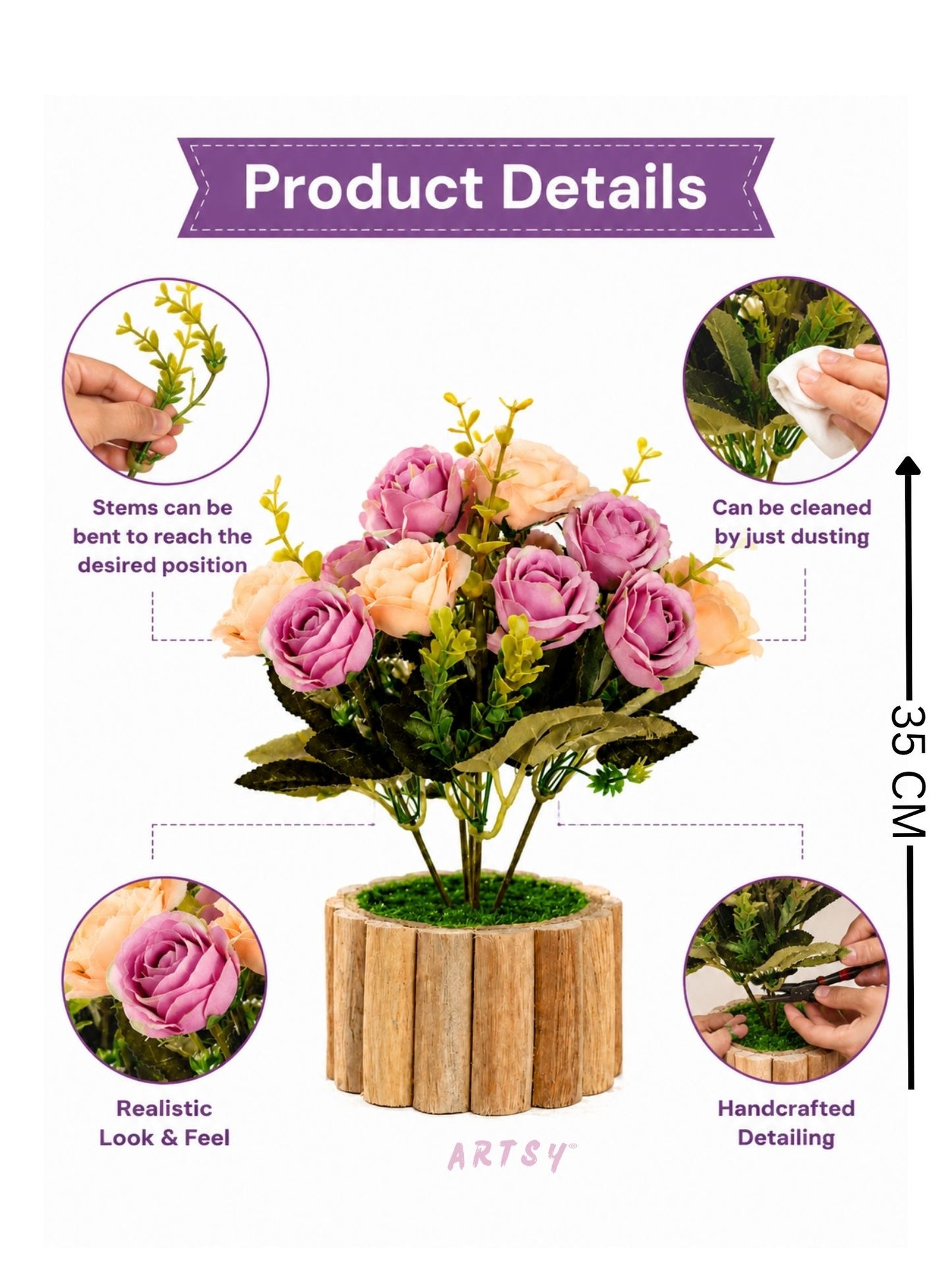 Luxury Artificial Rose Bouquet with Rustic Wooden Planter for Home Decor, Pack of 1