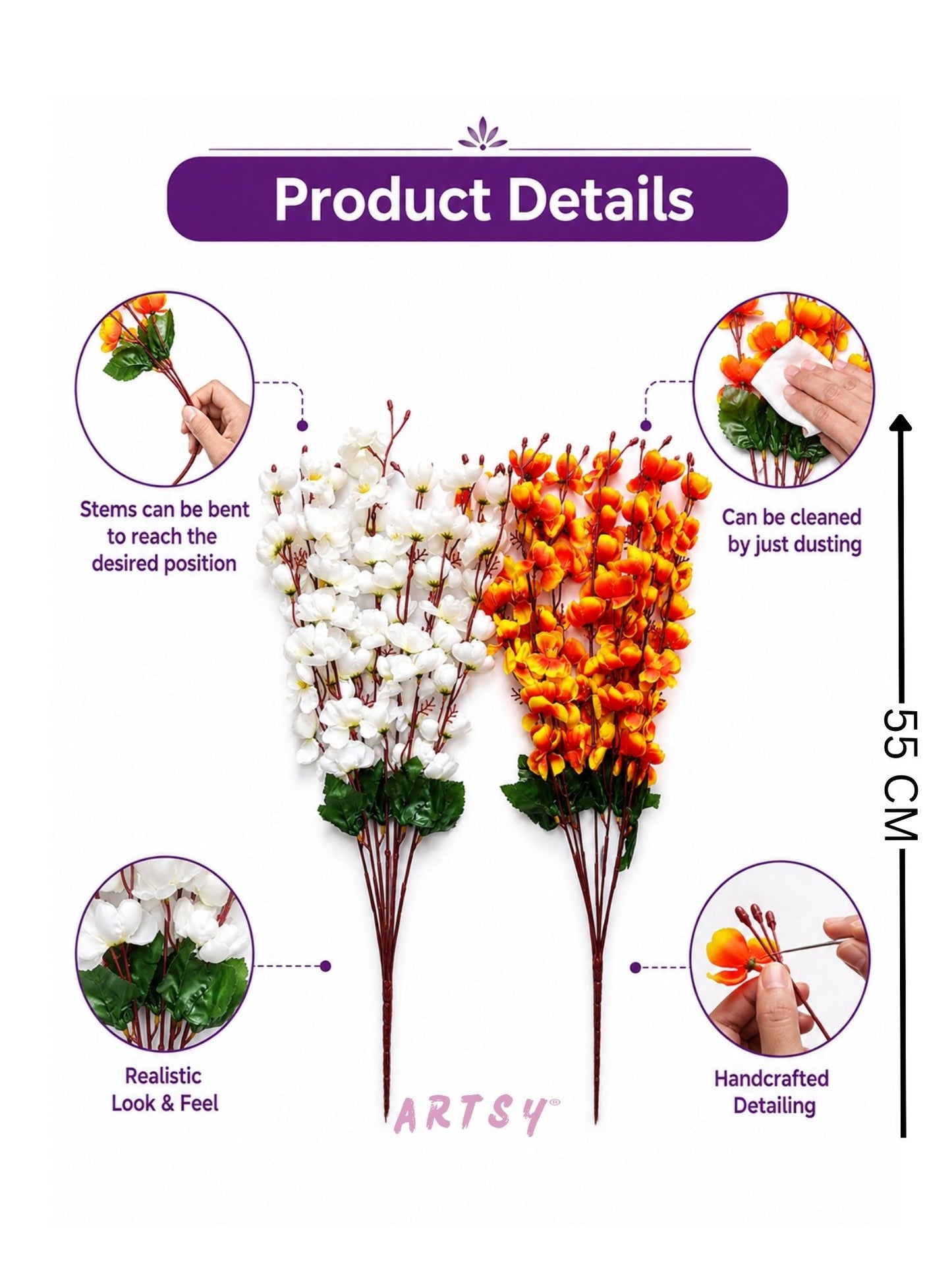 Elegant Faux Blossom Stem Arrangement for Modern Interiors, Pack of 2