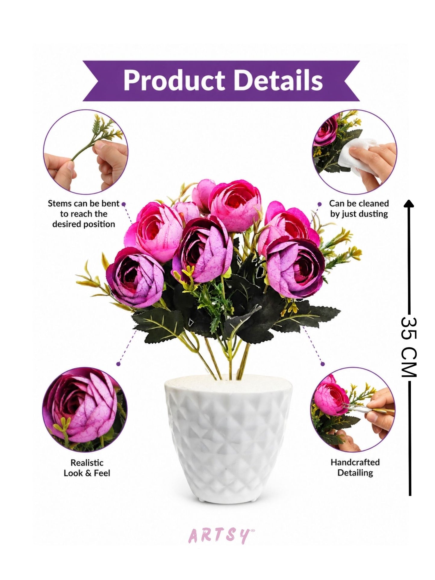 Artificial Purple Rose Flower Pot for Home Decor | Elegant Tabletop Floral Arrangement (Pack of 1)