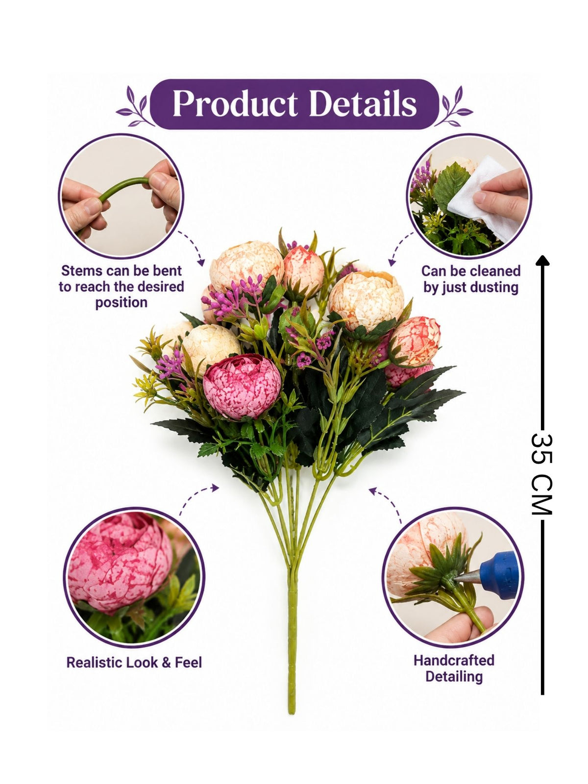 ARTSY Artificial Flower Bunch – Realistic Peony Flowers with Green Leaves for Home Décor, Wedding & Floral Decoration | 1 Piece
