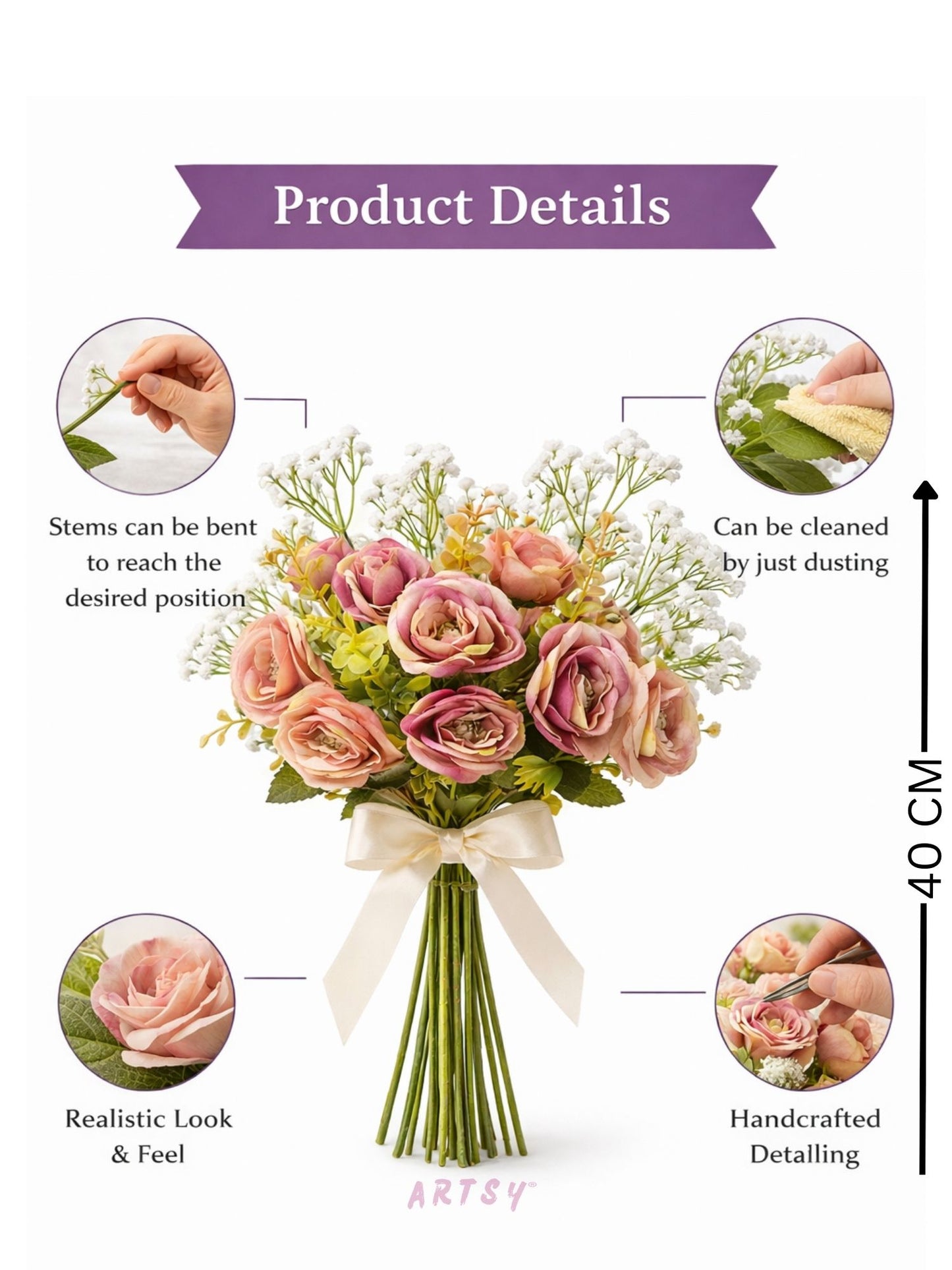 ARTSY Artificial Rose Flower Bunch with Baby Breath Flowers (Pack of 3) | Realistic Faux Floral Bouquet for Home, Office & Wedding Décor