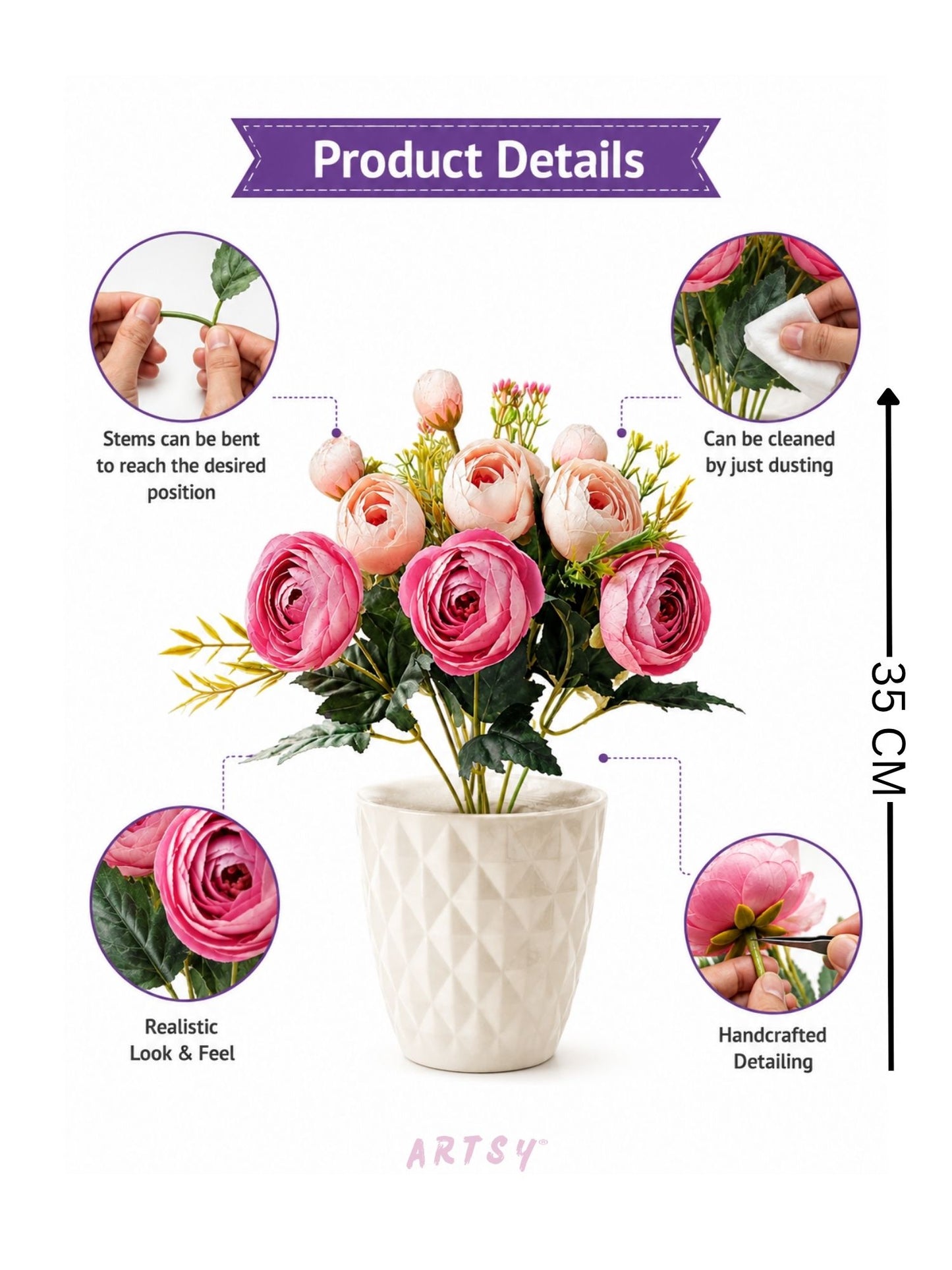 Elegant Artificial Ranunculus Flowers with Designer Pot – Pack of 1