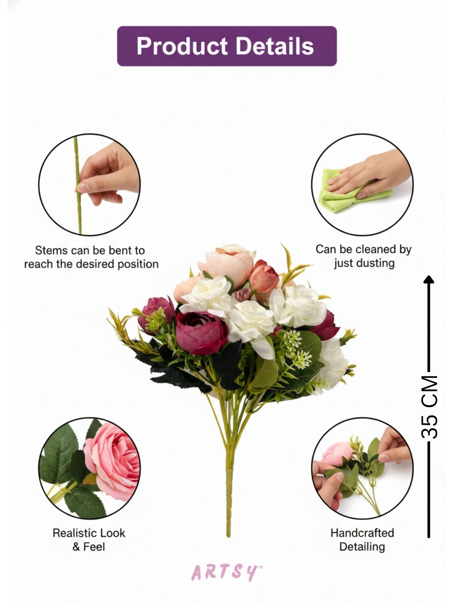 ARTSY Artificial Peony & Rose Flower Bunch Set for Home Decoration | Realistic Faux Floral Arrangement | Wedding, Living Room, Office & Table Decor | Pack of 2