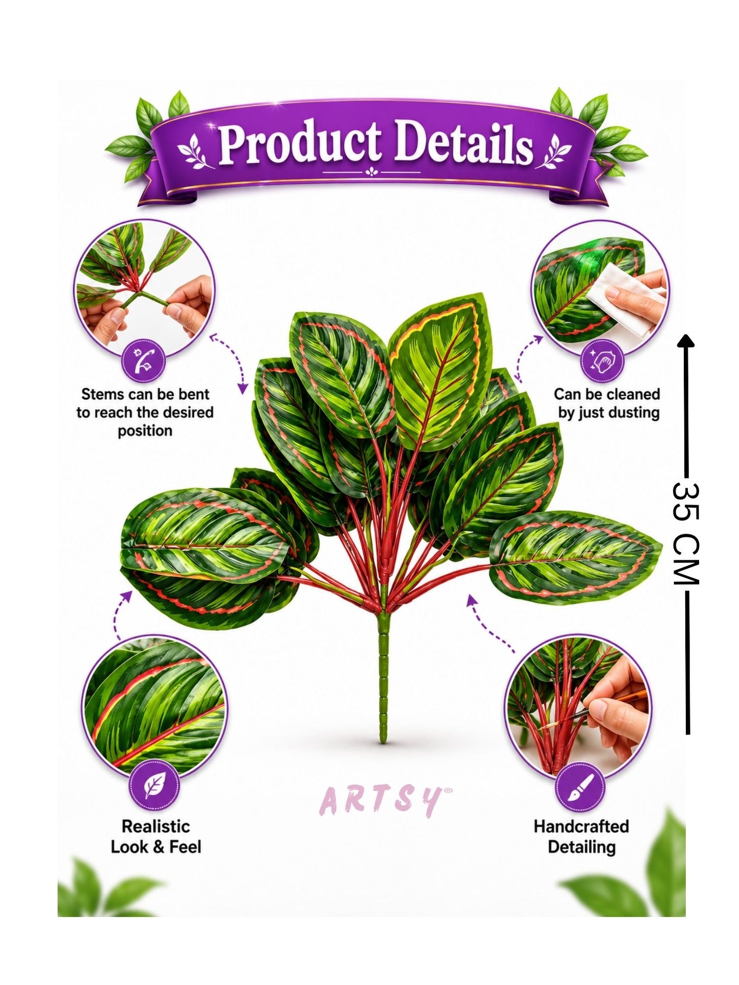 ARTSY Artificial Tropical Calathea Leaf Bunch – Decorative Faux Green Plant for Home & Office