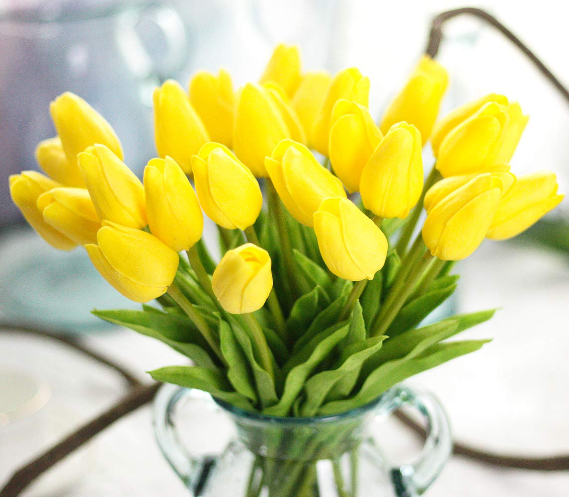 ARTSY® Artificial Tulip Flowers Bunch – Set of 5 Faux Flower Stems | Ideal for Living Room, Centerpiece, Gifting, craft, Real Touch Flower Bunch for Vase Decor, Home Styling, Events, Yellow