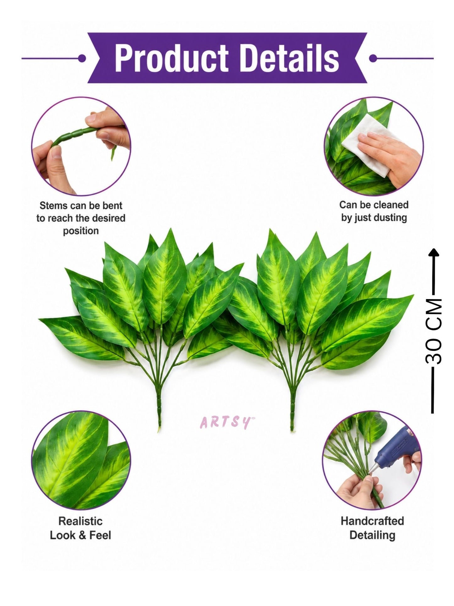 ARTSY Premium Artificial Green Leaf Bunch – Natural Looking Faux Foliage Arrangement for Vase, Home, Office, Hotel & Wedding Decoration