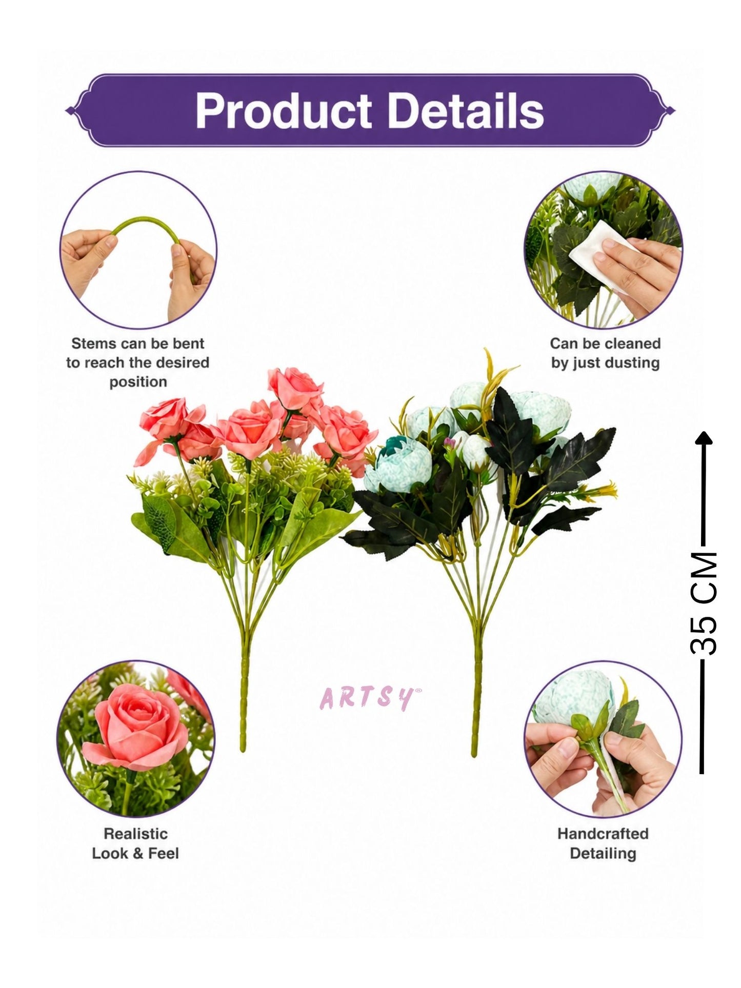 ARTSY Artificial Rose & Peony Flower Bunch Combo Pack of 2 | Realistic Faux Flowers for Home Decoration