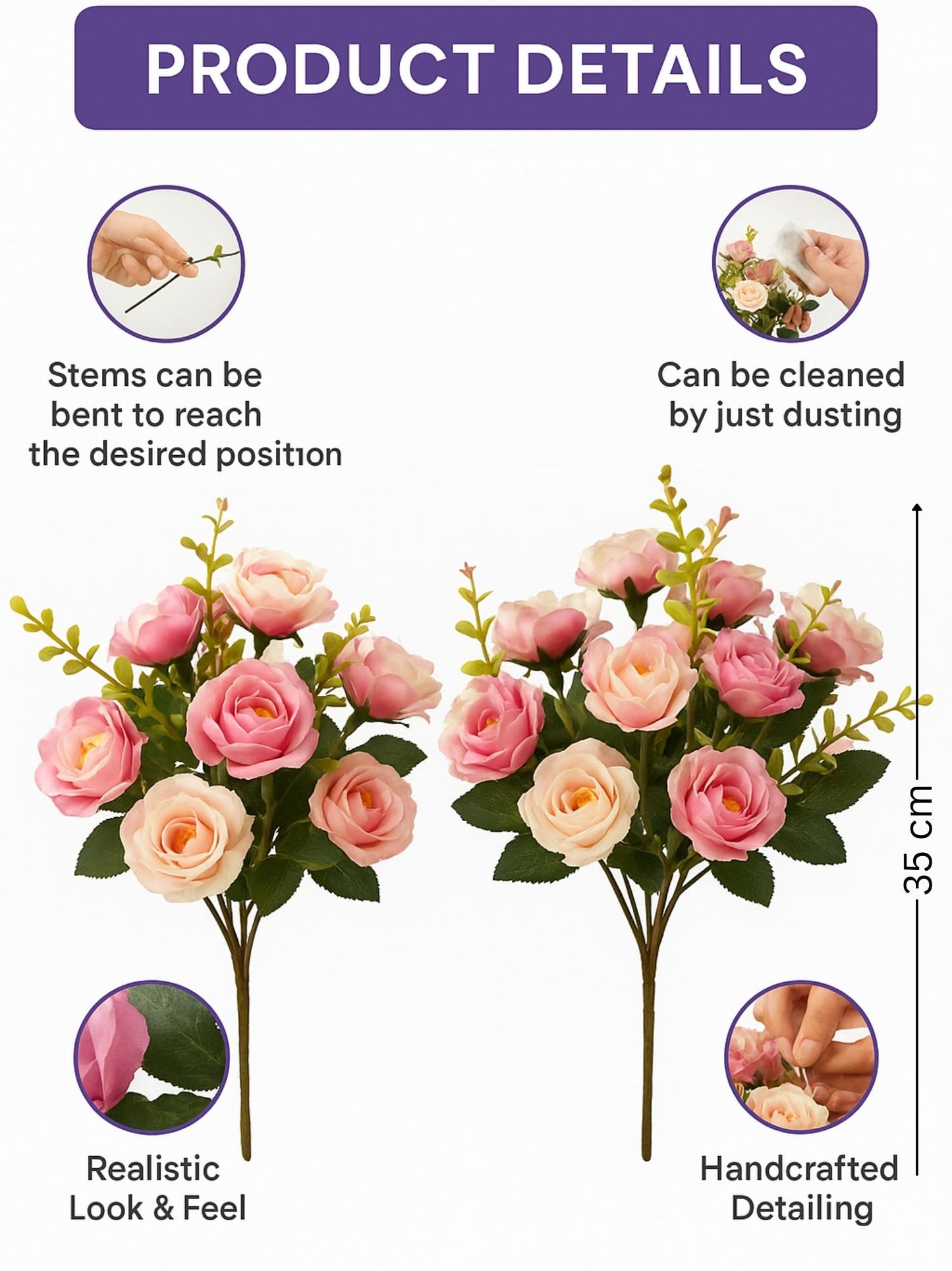 Artificial Rose Flower Bunch (Pack of 2) – Silk Faux Roses for Home, Wedding & Table Décor, Pink