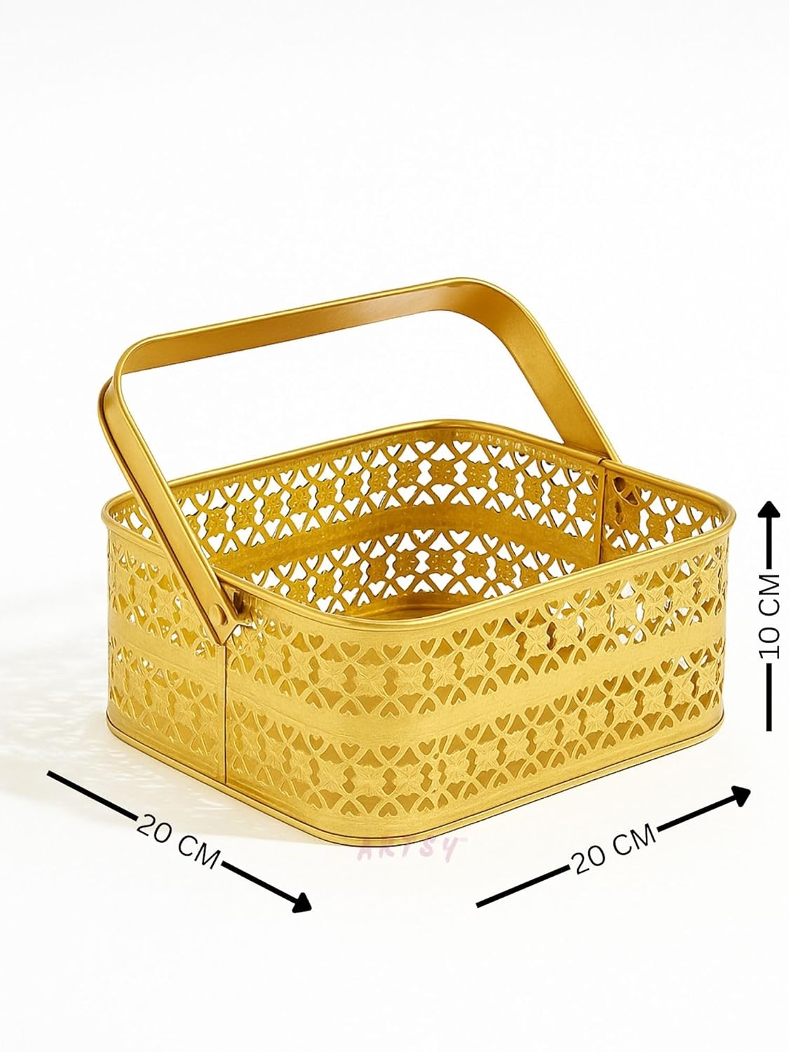 Artsy Golden Metal Decorative Basket with Foldable Handle