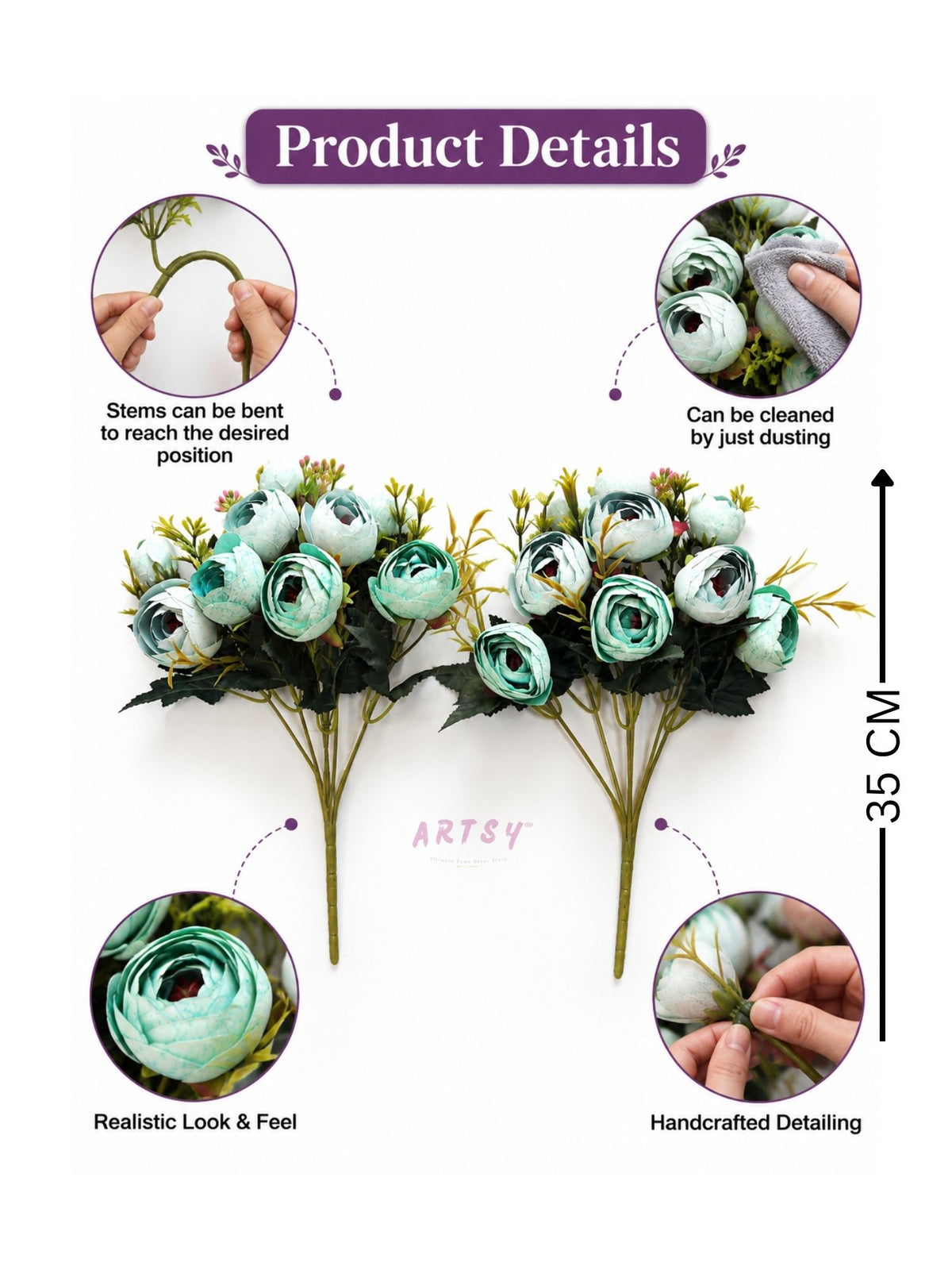 ARTSY Artificial Ranunculus Flower Bunches – Pack of 2, Aqua Green & White Faux Flowers for Home Décor, Wedding & Gifting
