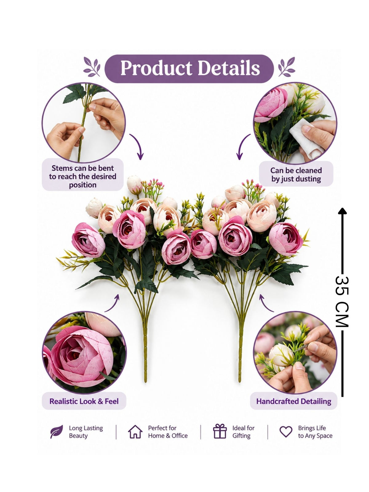 ARTSY Artificial Rose Flower Bunches – Pack of 2 | Realistic Pink & Peach Faux Flowers for Home Decor, Gifting & Wedding Decoration