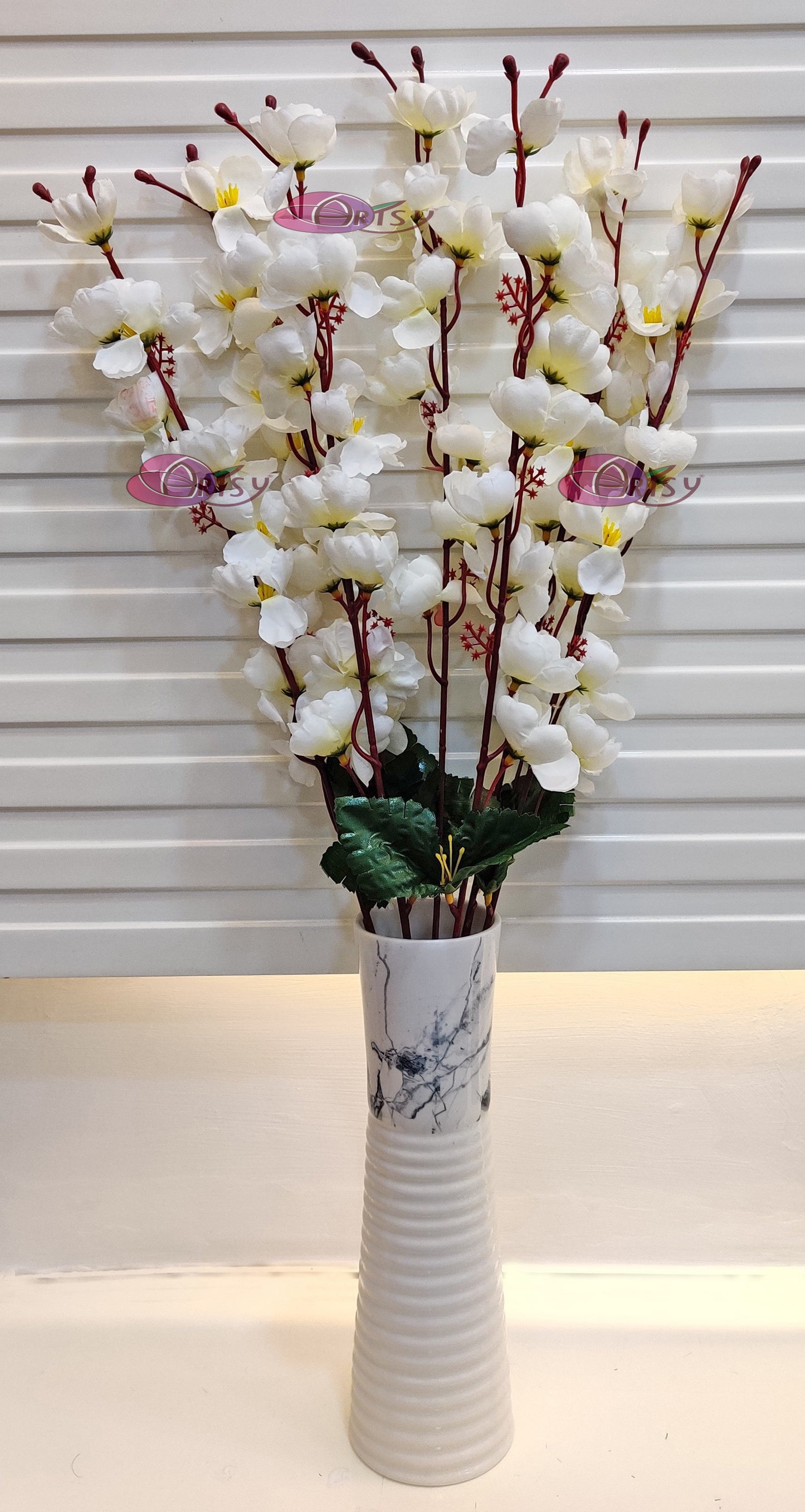 Elegant White Artificial Cherry Blossom Flower Bunch - Lifelike Pack of 1 Piece for Timeless Beauty, Without Vase, 55 Cm Long