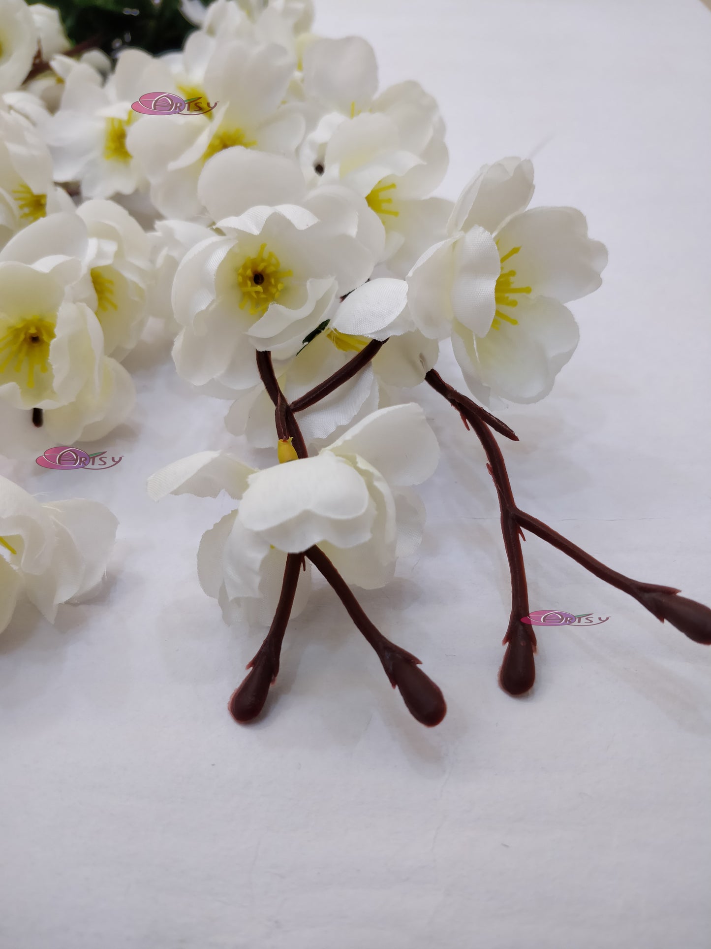 Elegant White Artificial Cherry Blossom Flower Bunch - Lifelike Pack of 1 Piece for Timeless Beauty, Without Vase, 55 Cm Long