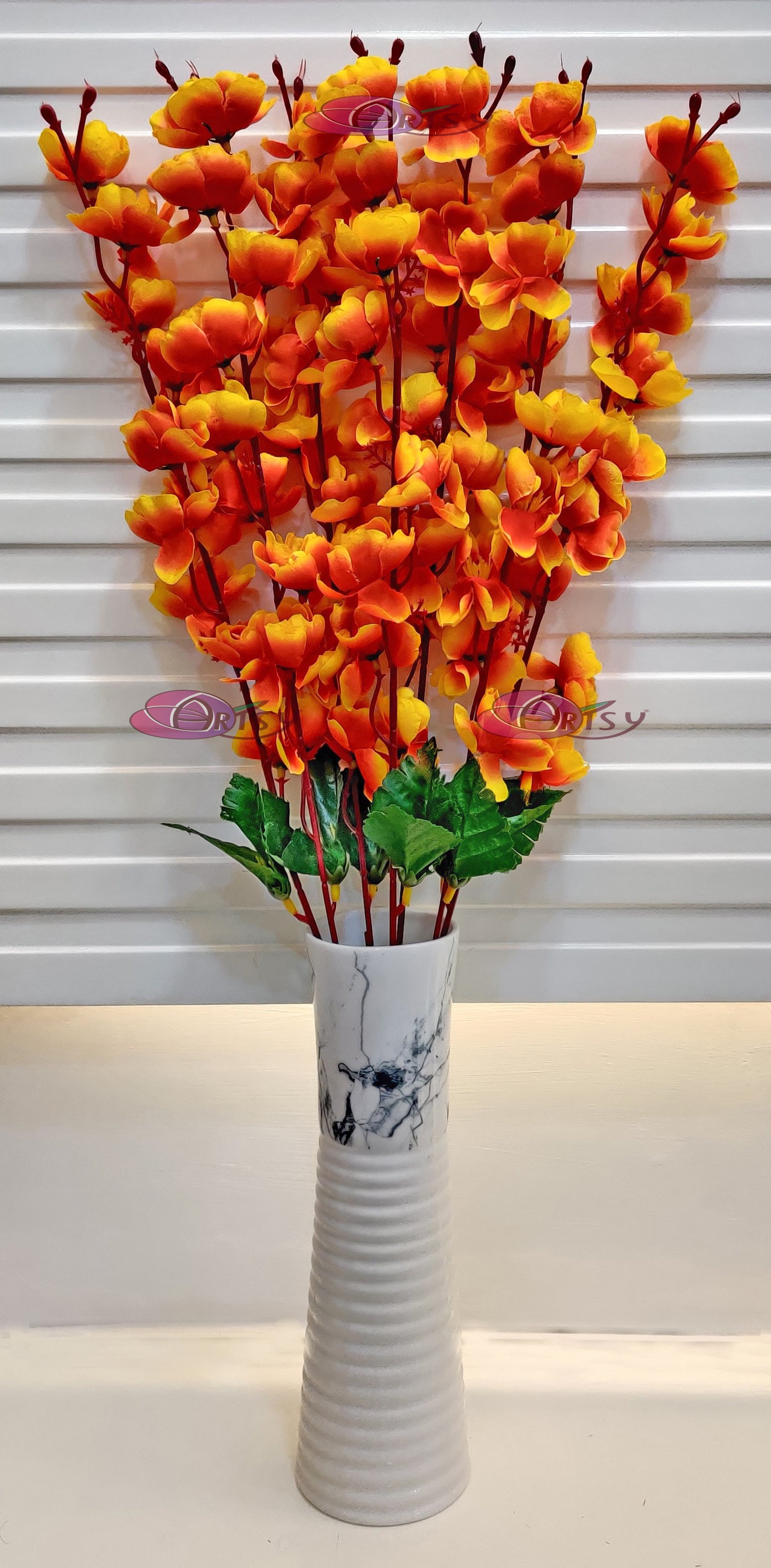 ARTSY® Lively Orange Artificial Cherry Blossom Flower Bunch - Radiant Floral Elegance For Home Decoration, Office Decor, Vase Filler, Without Vase, 55 Cm Long