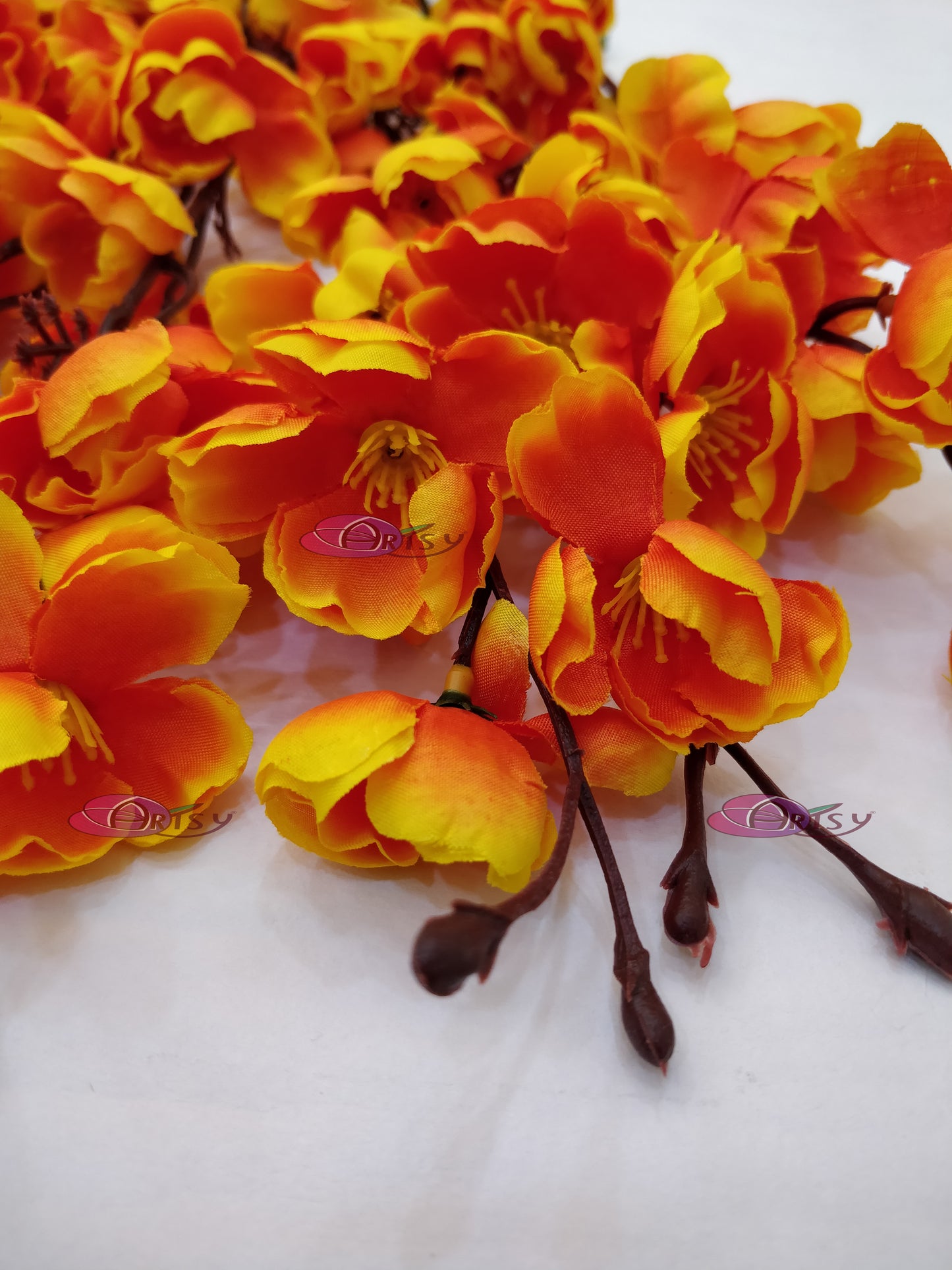 ARTSY® Lively Orange Artificial Cherry Blossom Flower Bunch - Radiant Floral Elegance For Home Decoration, Office Decor, Vase Filler, Without Vase, 55 Cm Long