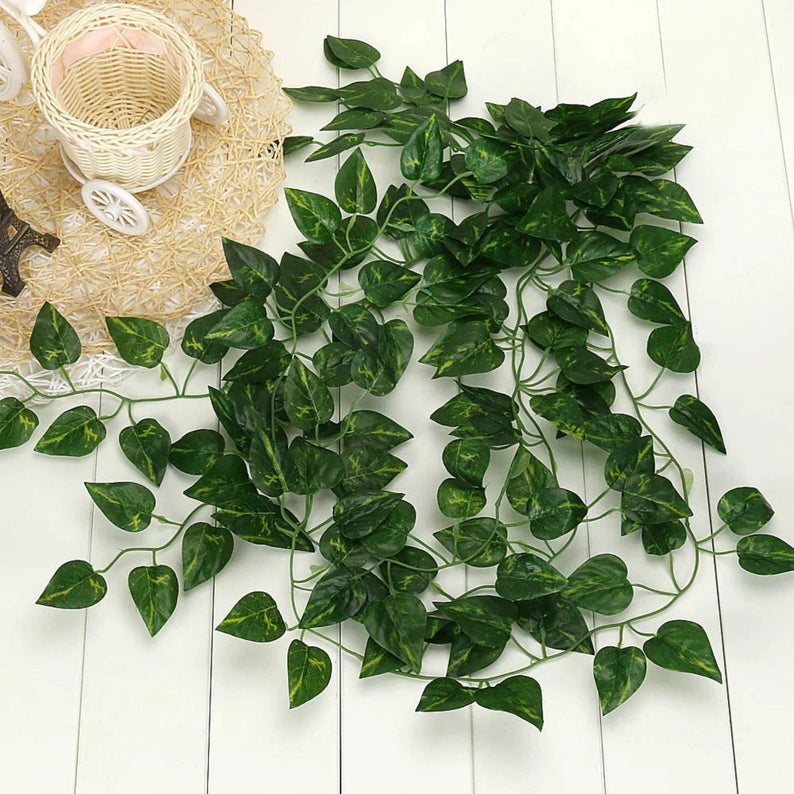 ARTSY® Artificial hanging flowers for wall decoration, artificial plants for home decor, money plant leaves for decoration, office decor, craft, gifting, pack of 6 pieces, 7 feet long each, green