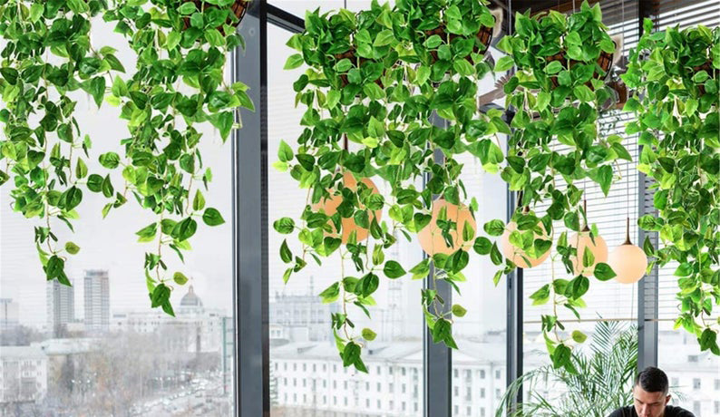 ARTSY® Artificial hanging flowers for wall decoration, artificial plants for home decor, money plant leaves for decoration, office decor, craft, gifting, pack of 6 pieces, 7 feet long each, green