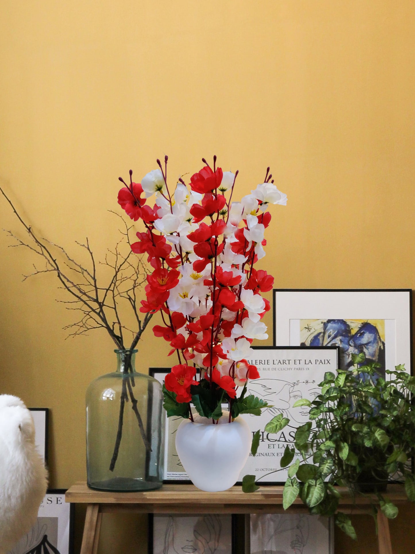 ARTSY® Artificial Flowers With Pot For Home Decoration, Office Decor Cherry Blossom combo, White red, 1 Piece