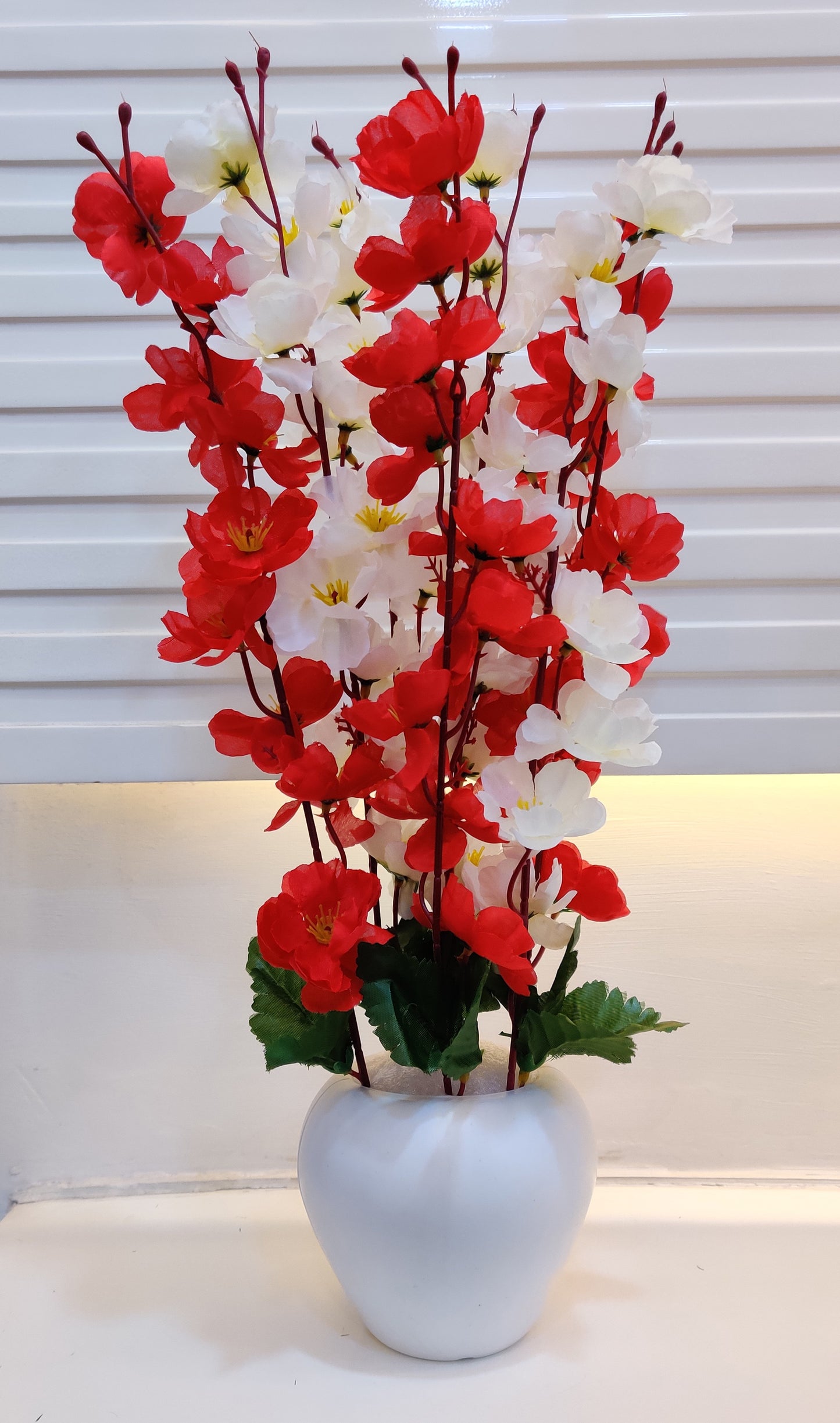 ARTSY® Artificial Flowers With Pot For Home Decoration, Office Decor Cherry Blossom combo, White red, 1 Piece