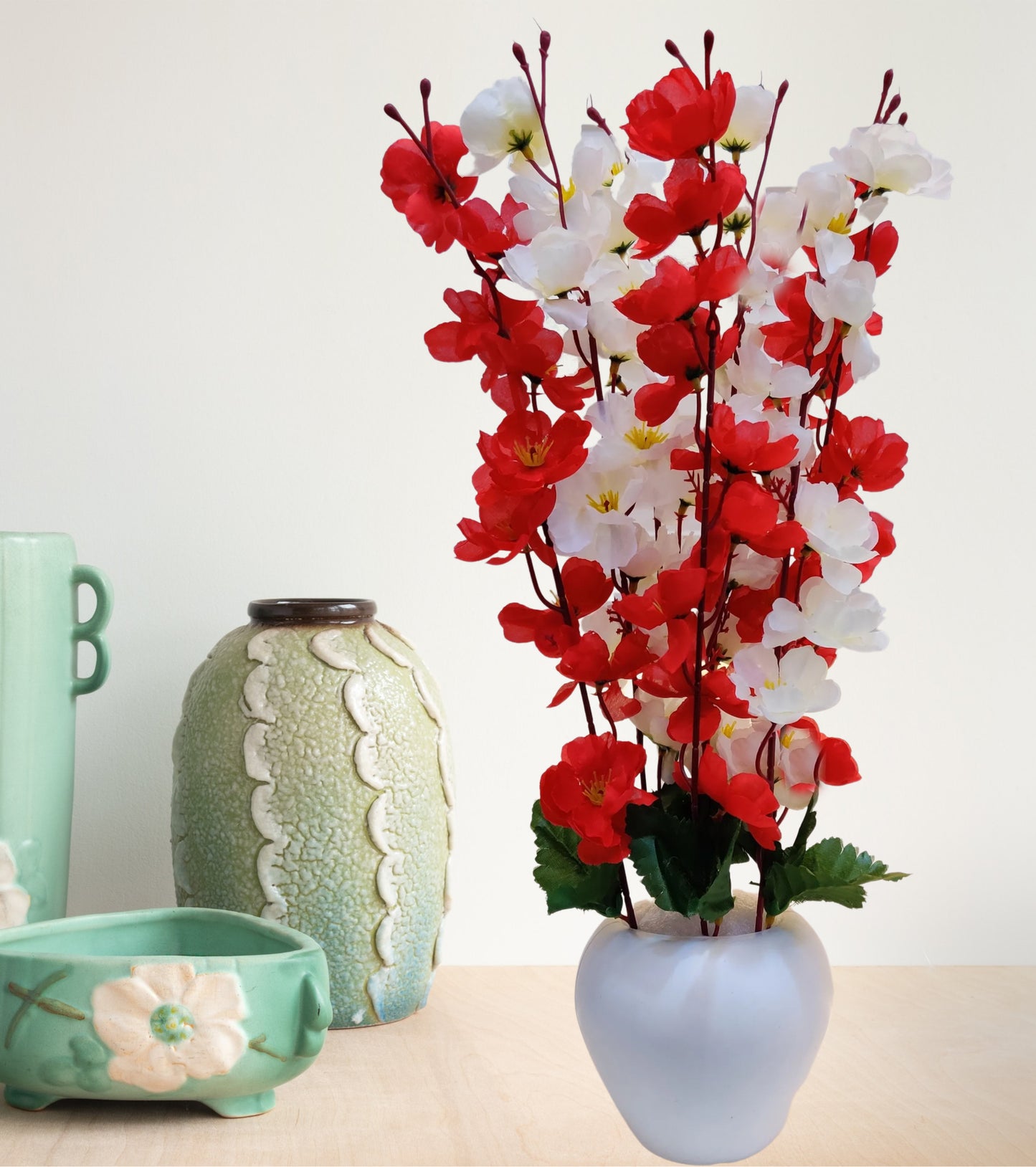 ARTSY® Artificial Flowers With Pot For Home Decoration, Office Decor Cherry Blossom combo, White red, 1 Piece
